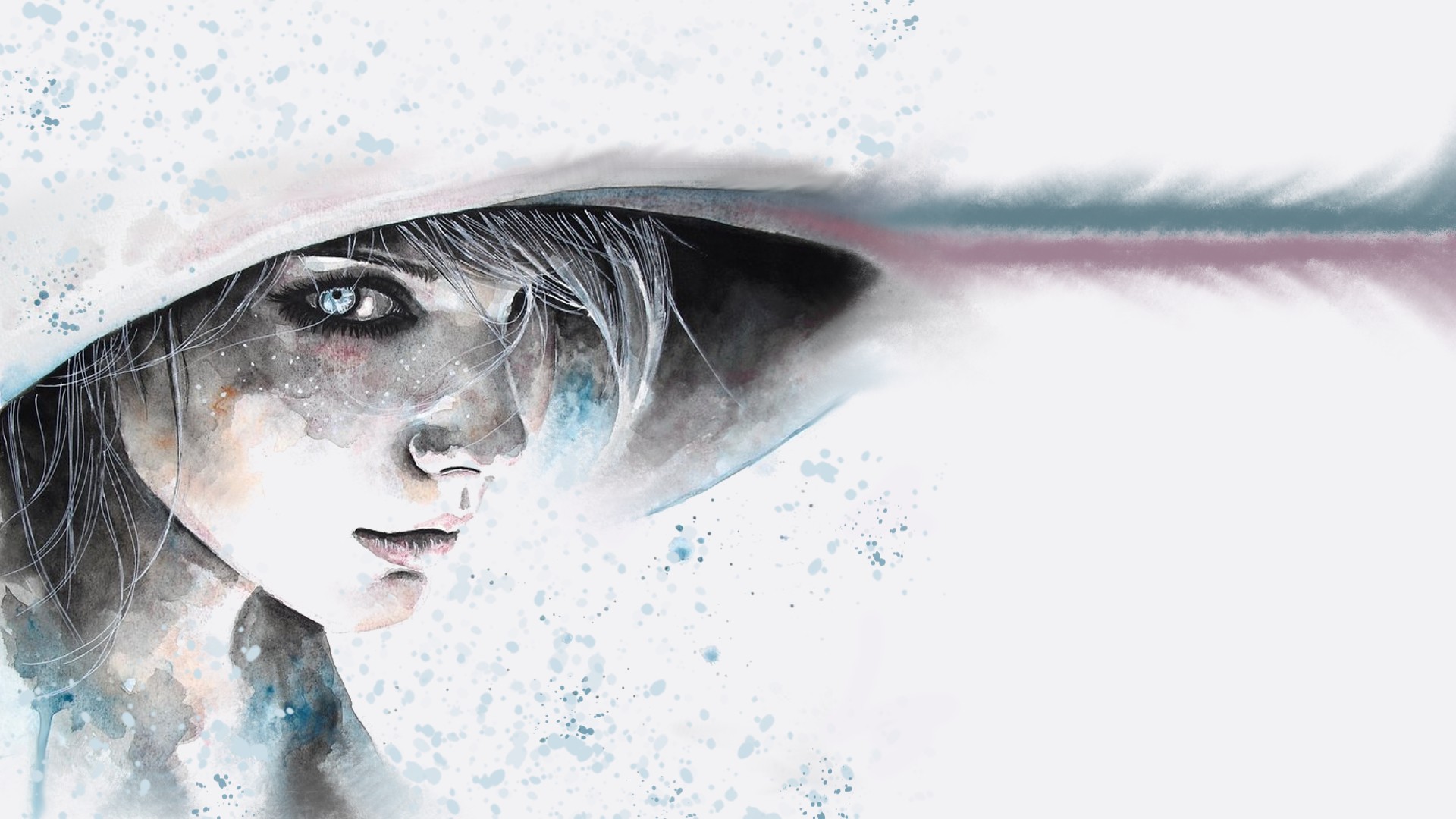 Wallpaper, face, drawing, women, portrait, abstract, winter, artwork, white background, blue, sketch 1920x1080
