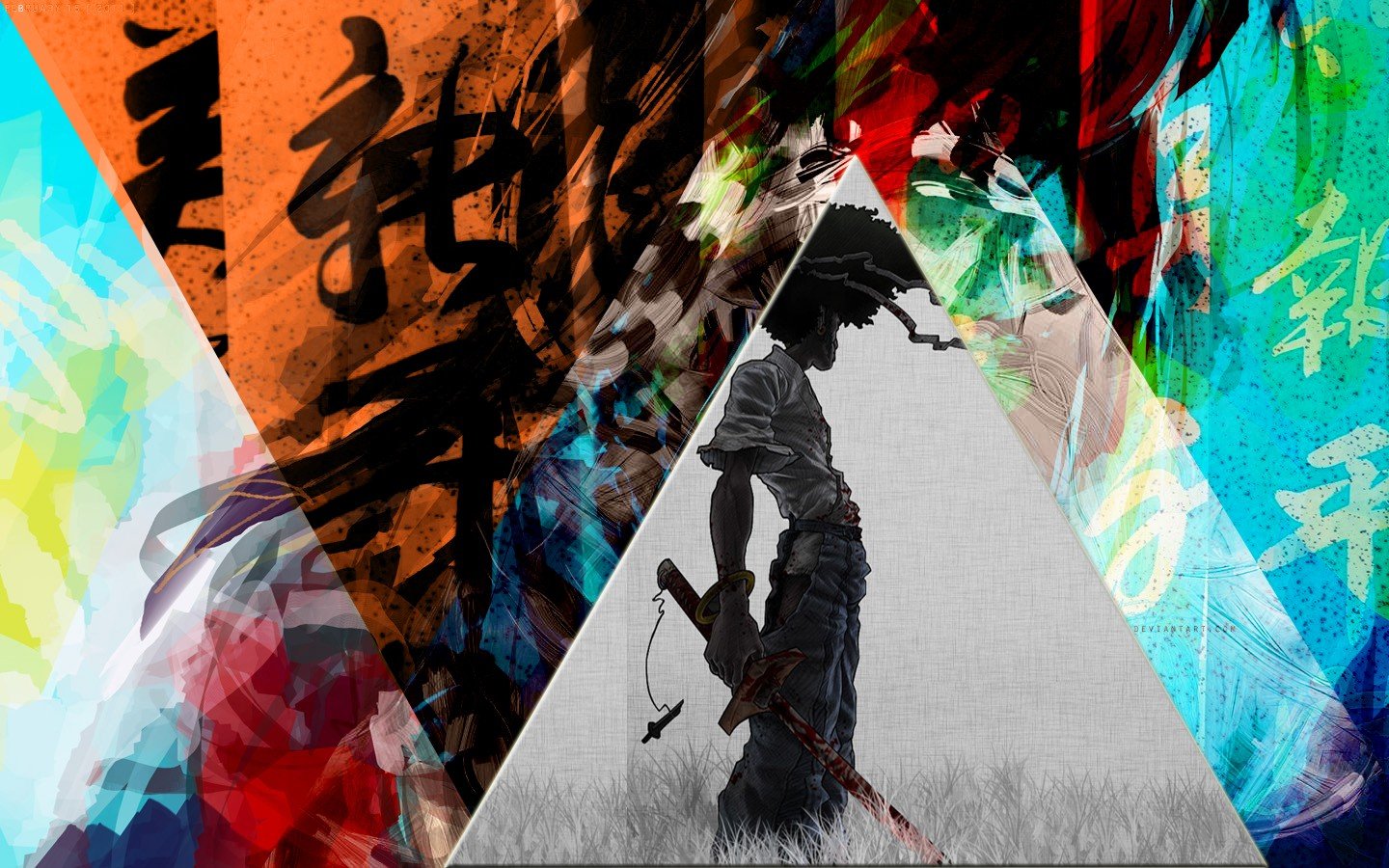 Wallpaper, colorful, painting, illustration, anime, collage, katana, triangle, samurai, Chinese, mural, Afro Samurai, mixed martial arts, ART, color, modern art 1440x900