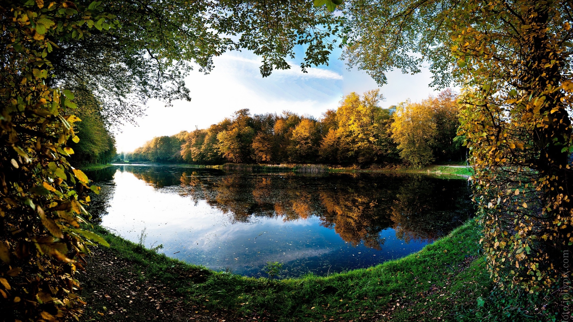 Autumn Trees Frames Pond Lake desktop PC and Mac wallpaper
