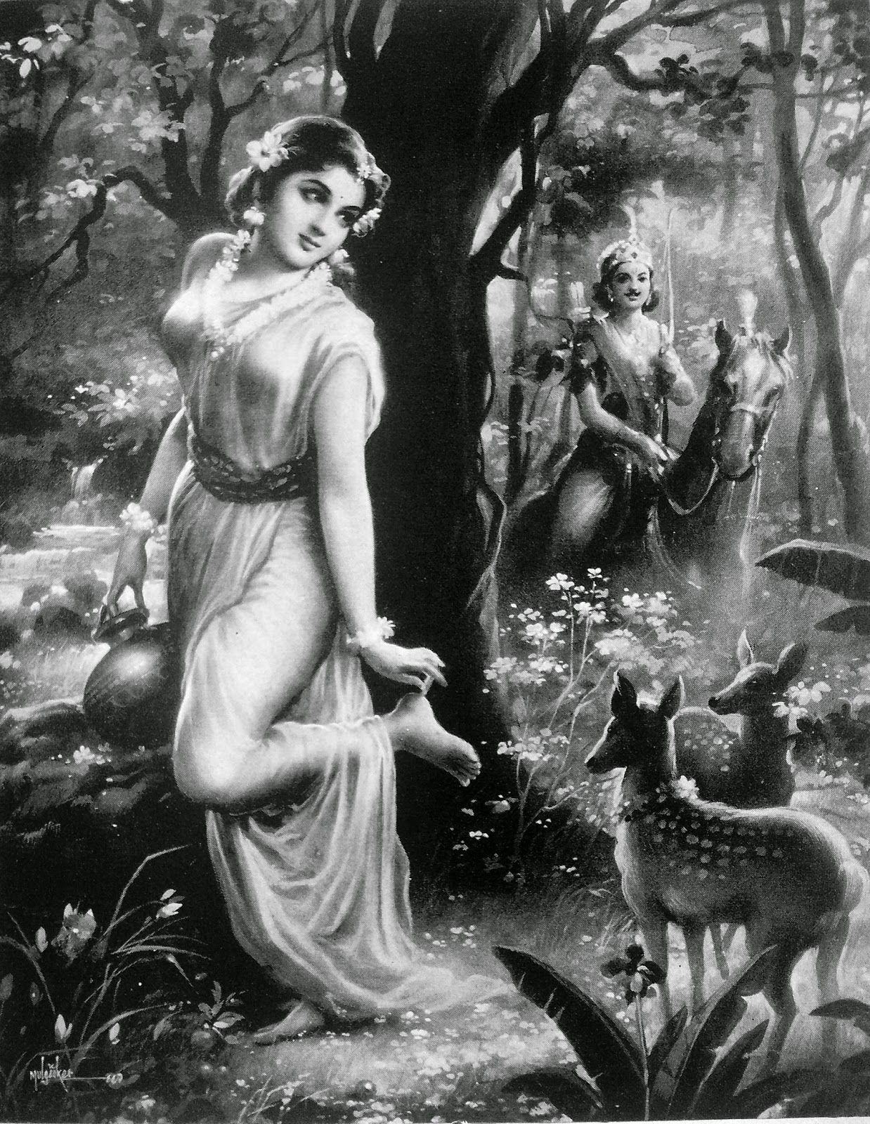 Kanwamuni- Shakuntala कण्वमुनी - शकुंतला Loosening of apparel वल्कल शिथिलीकरण First Sight. Colorful oil painting, Indian paintings, Painting of girl