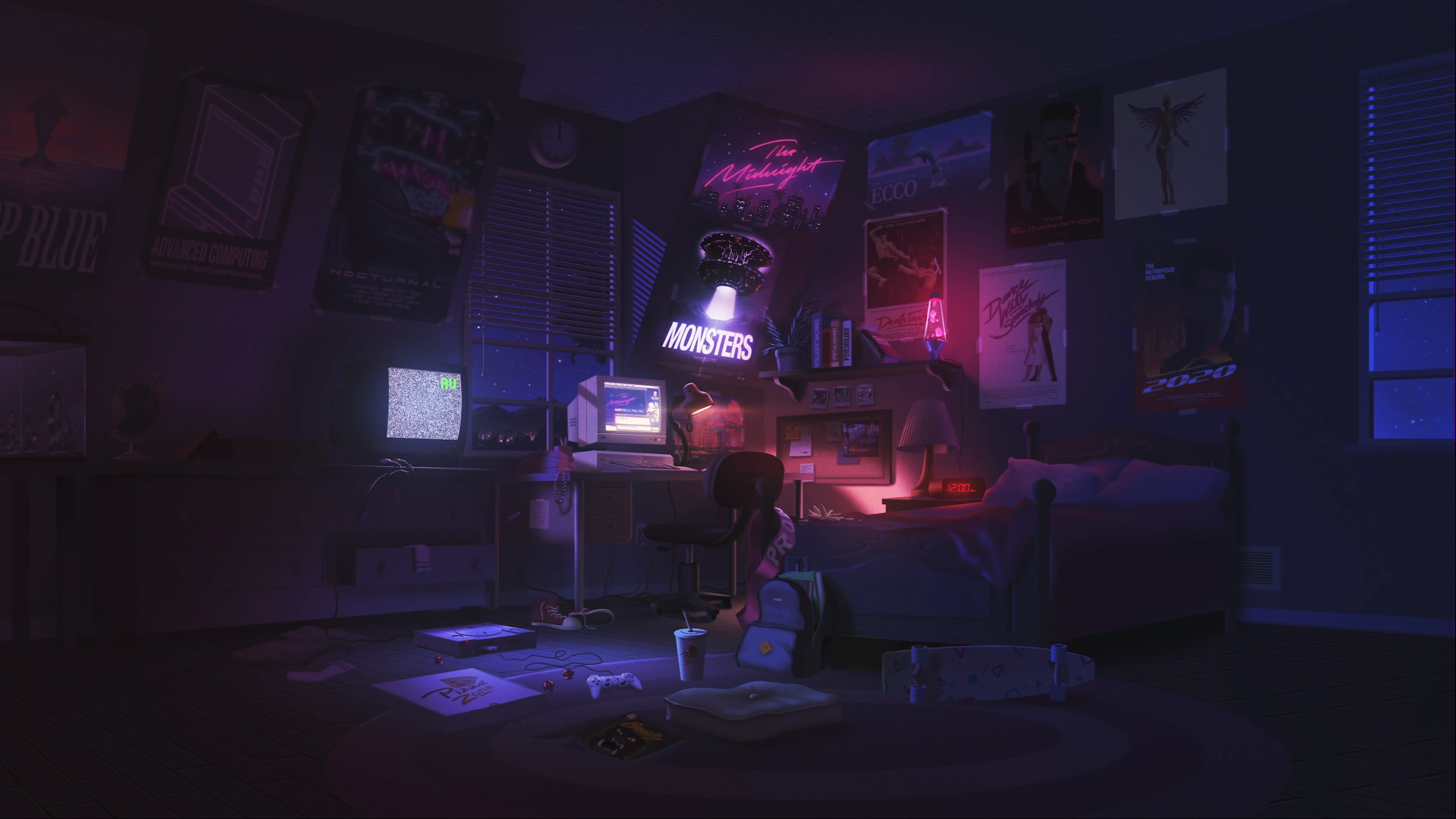 Wallpaper, The Midnight Monsters, crt, TV, CRT Monitor, bed, backpacks, game posters, Film posters, PlayStation, pizza, computer, skateboard, desk lamp, clocks, alarm clock 3840x2160