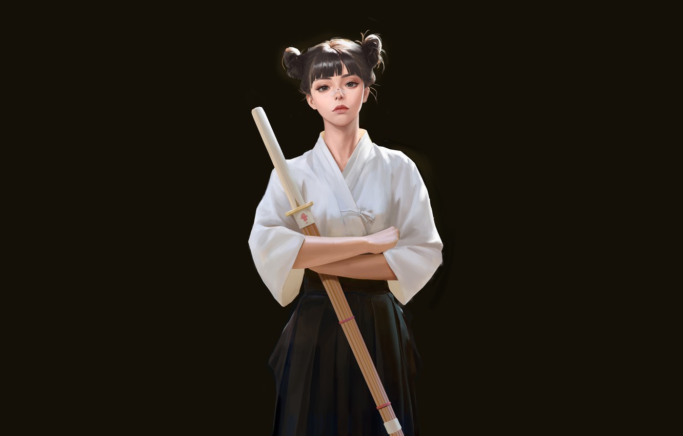 Wallpaper Girl, Sport, Asian, Girl, Japanese, Art, Illustration, Minimalism, Martial art, L.tt.ing l, Training sword, by L.tt.ing l image for desktop, section арт