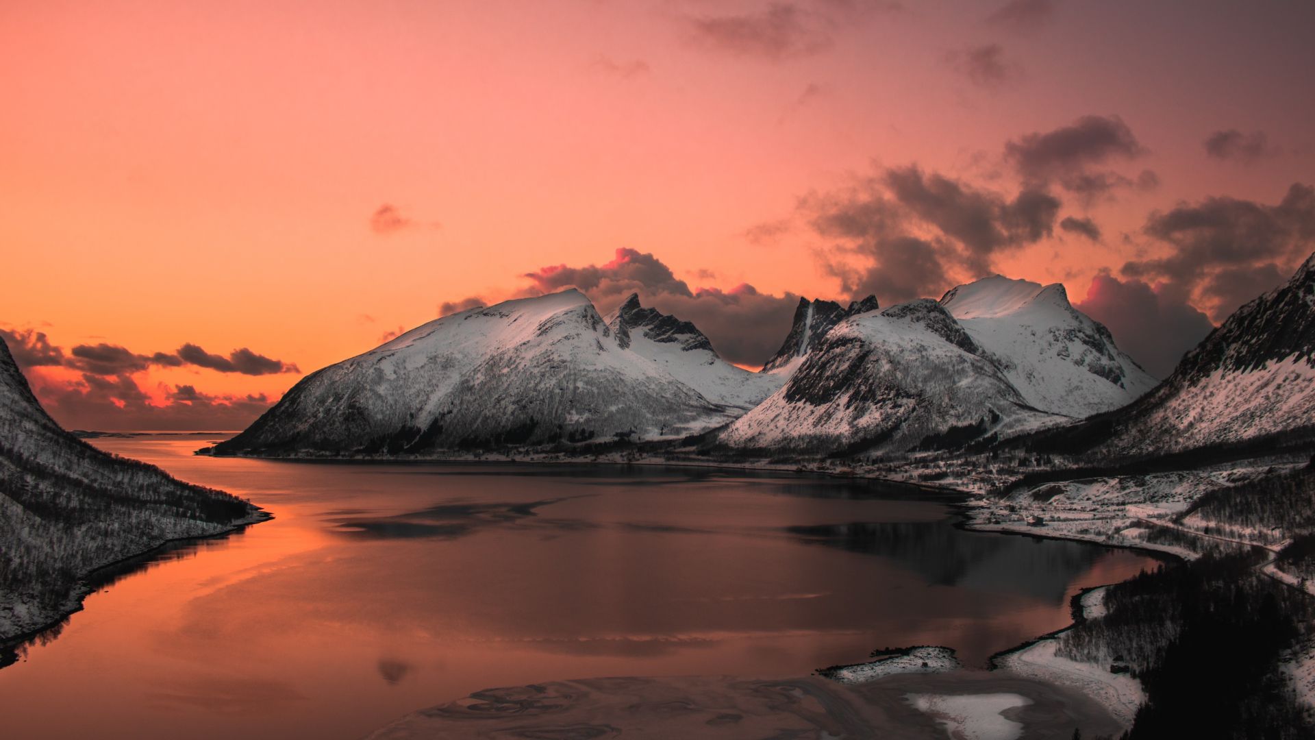 Desktop wallpaper lake, mountains, sunset, nature, HD image, picture, background, daeb70