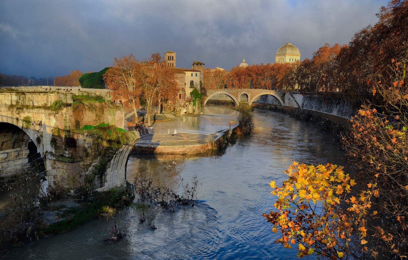 Wallpaper autumn, landscape, river, Rome, Italy, The Tiber, Ponte Rotto, bridge Emilia image for desktop, section город