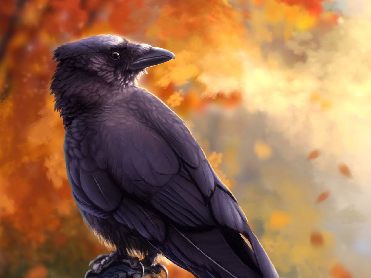 Download wallpaper 1280x960 raven, bird, art, black, autumn standard 4:3 HD background