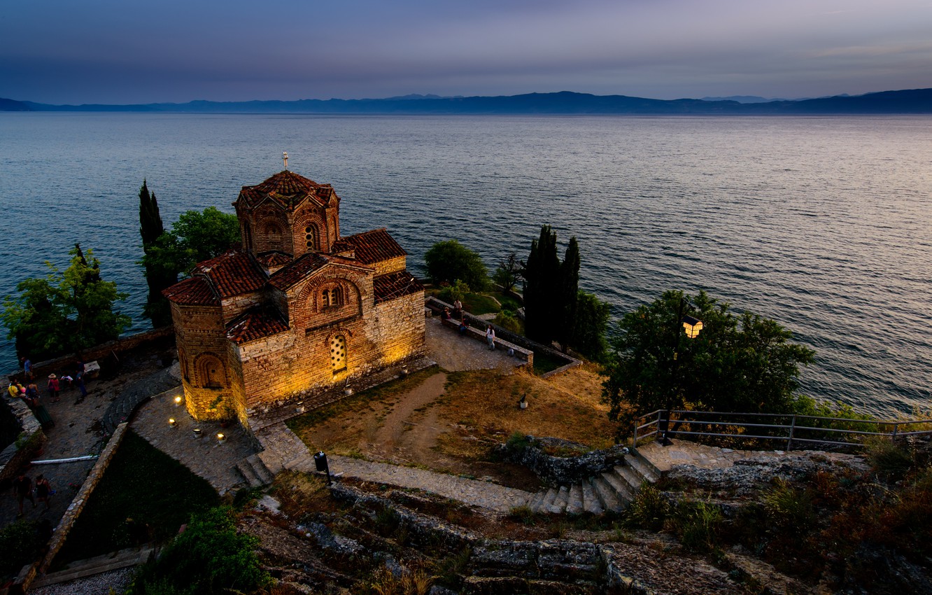 Wallpaper landscape, nature, lake, Church, twilight, Macedonia, Ohrid image for desktop, section пейзажи
