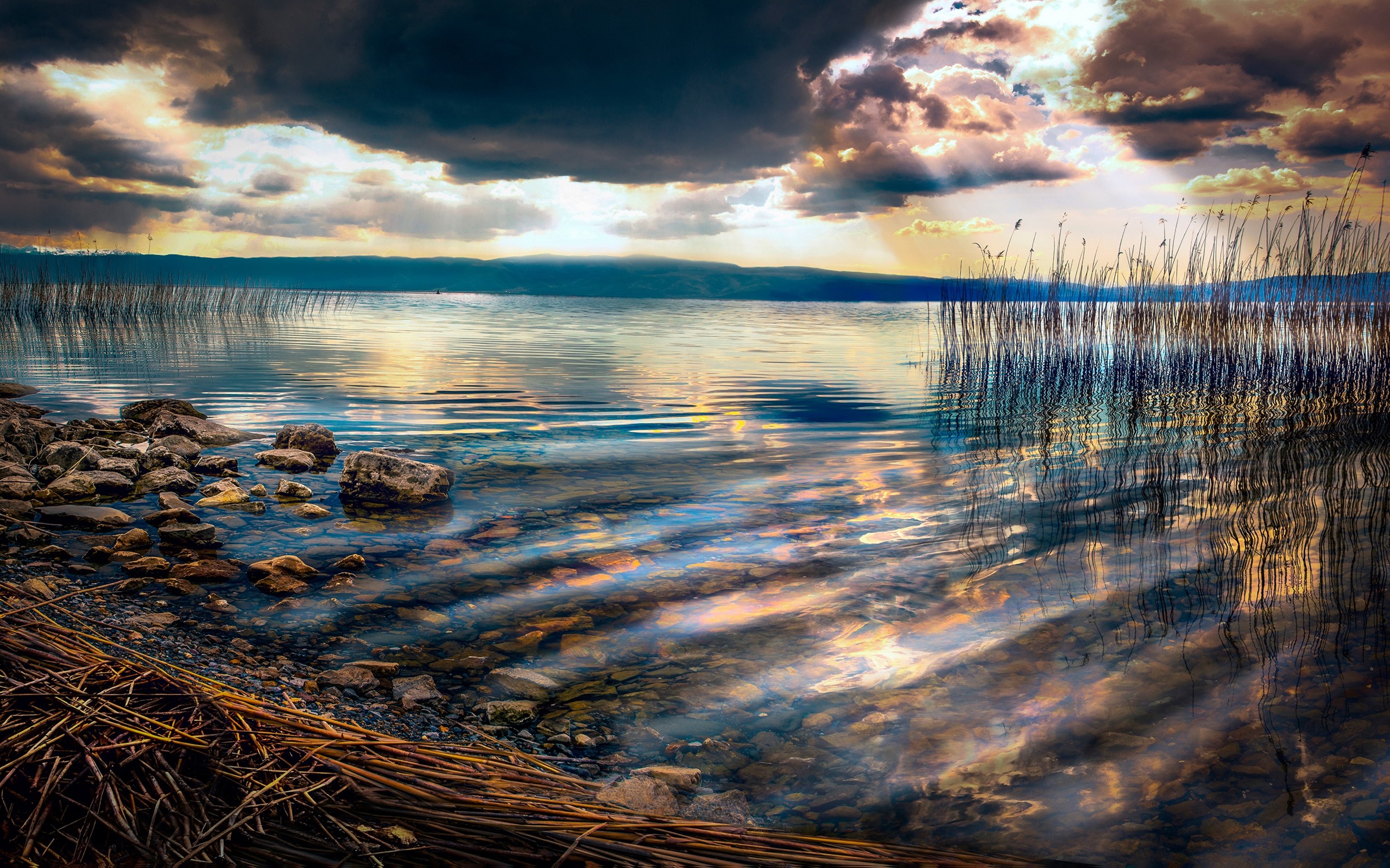 Wallpaper Macedonia, Ohrid Lake, Stones, Reeds, Clouds, D Écran Lac Ohrid