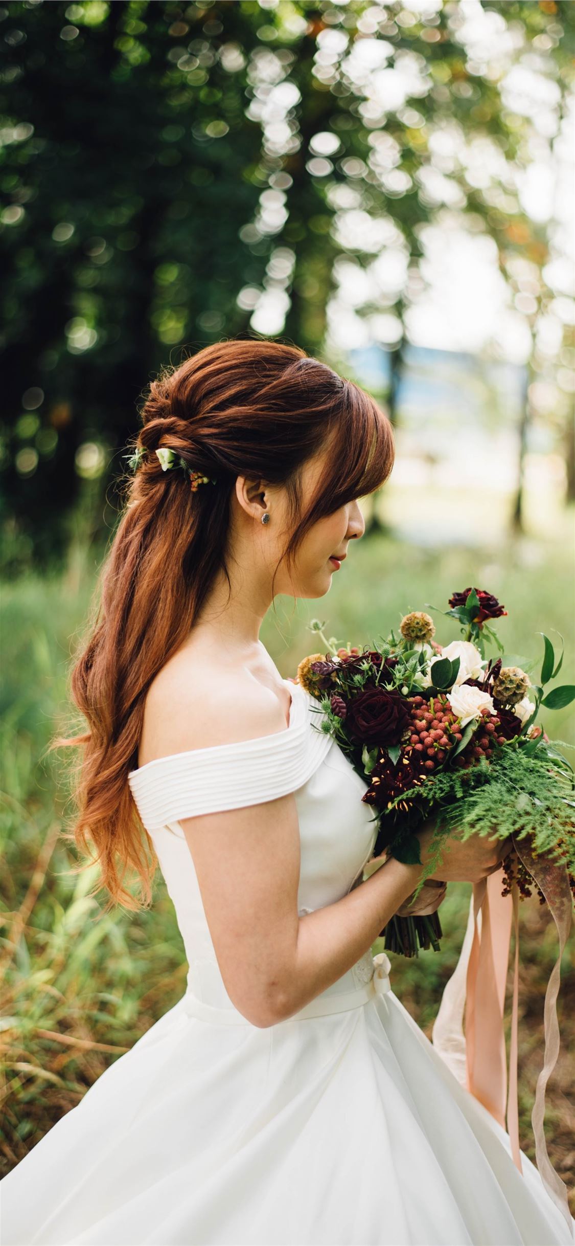 woman wearing white off shoulder wedding gown wear. iPhone Wallpaper Free Download