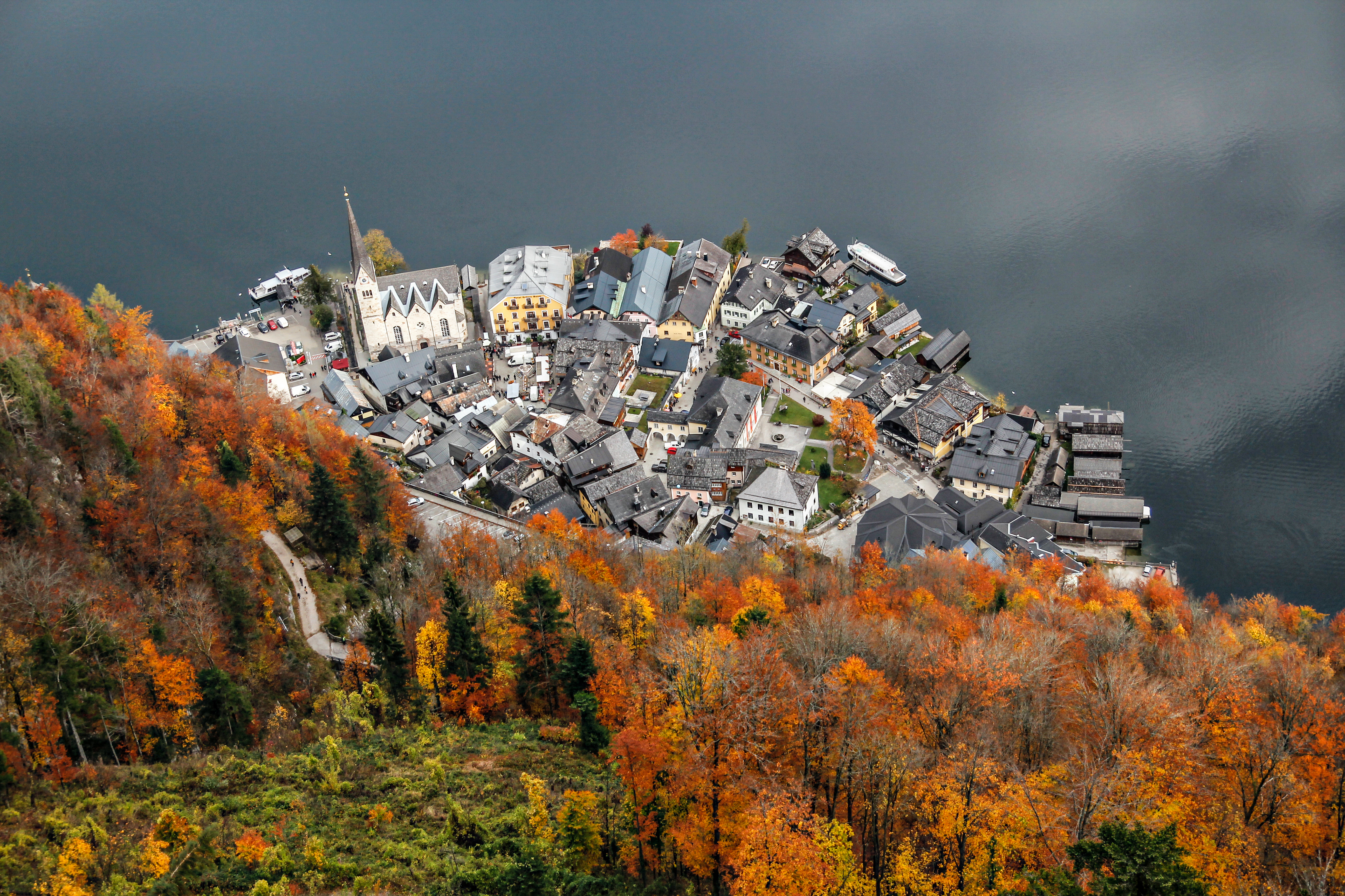 Wallpaper, Hallstatt, Austria, town, city, fall, church, lake, water, trees, orange background, building 5184x3456