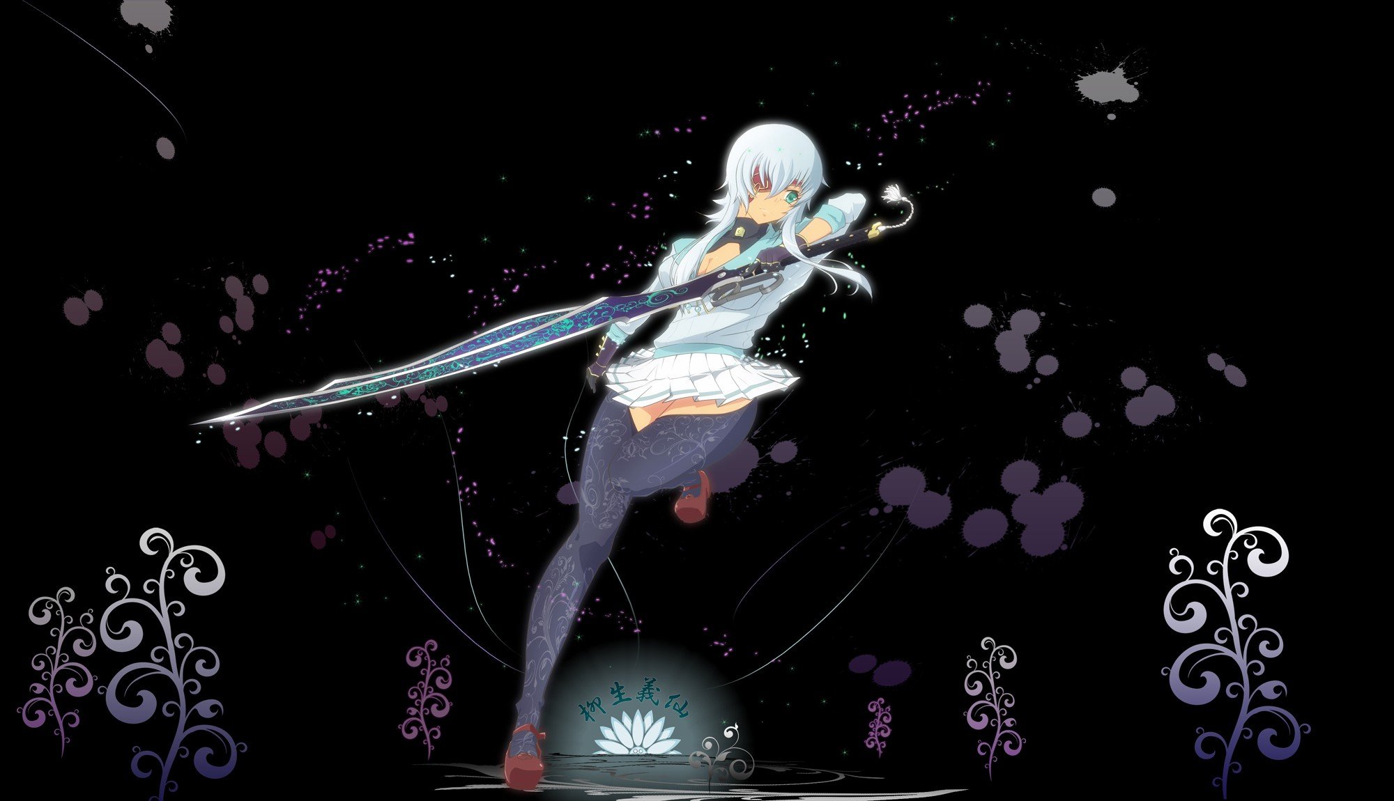 Eyepatch green eyes Hyakka Ryouran Samurai Girls white hair Yagyuu Gisen swords wallpaperx1150