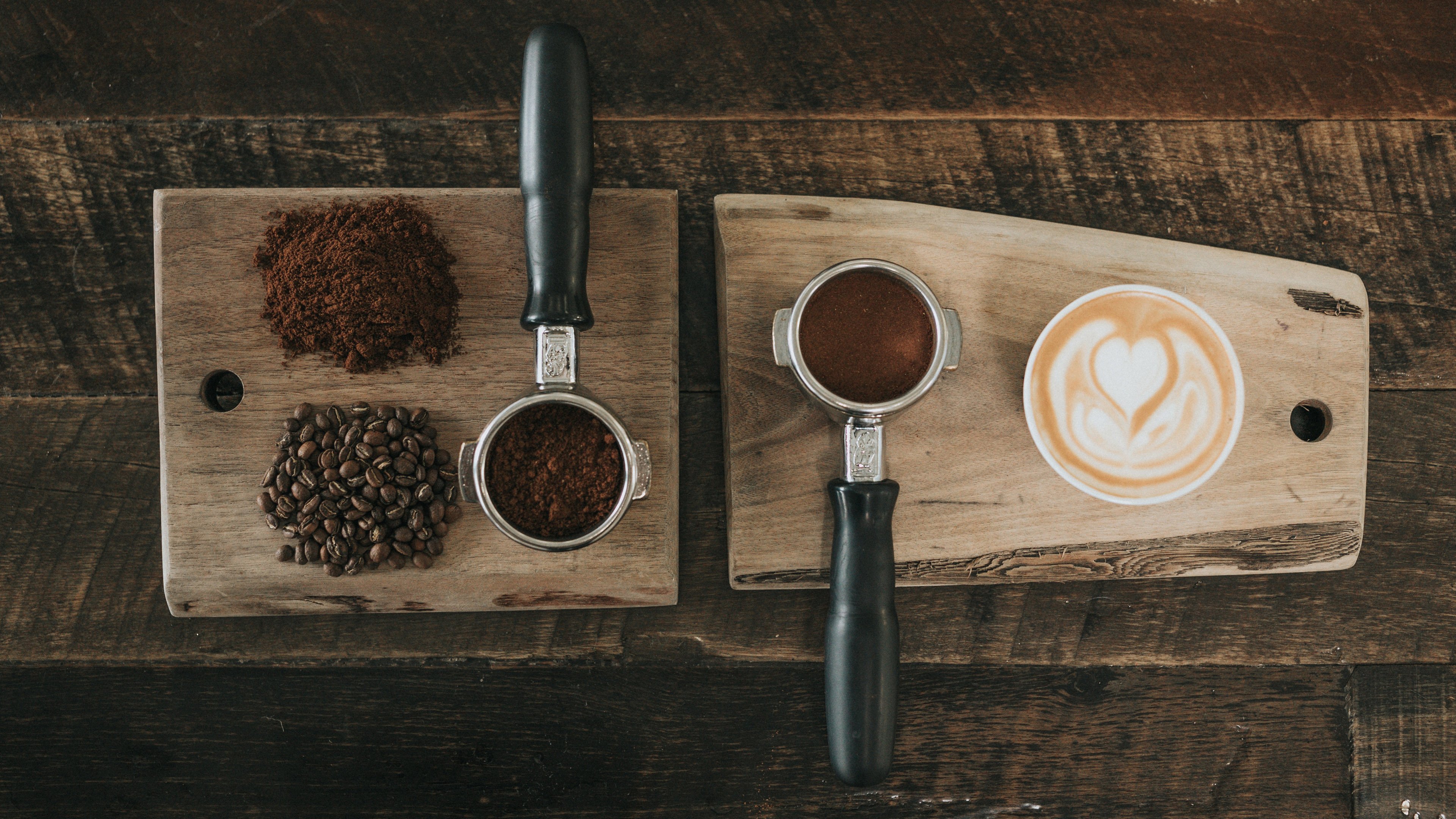 coffee, Coffee beans, Latte, Latte art, Wooden surface, Wood, Texture, Ground coffee beans Wallpaper HD / Desktop and Mobile Background