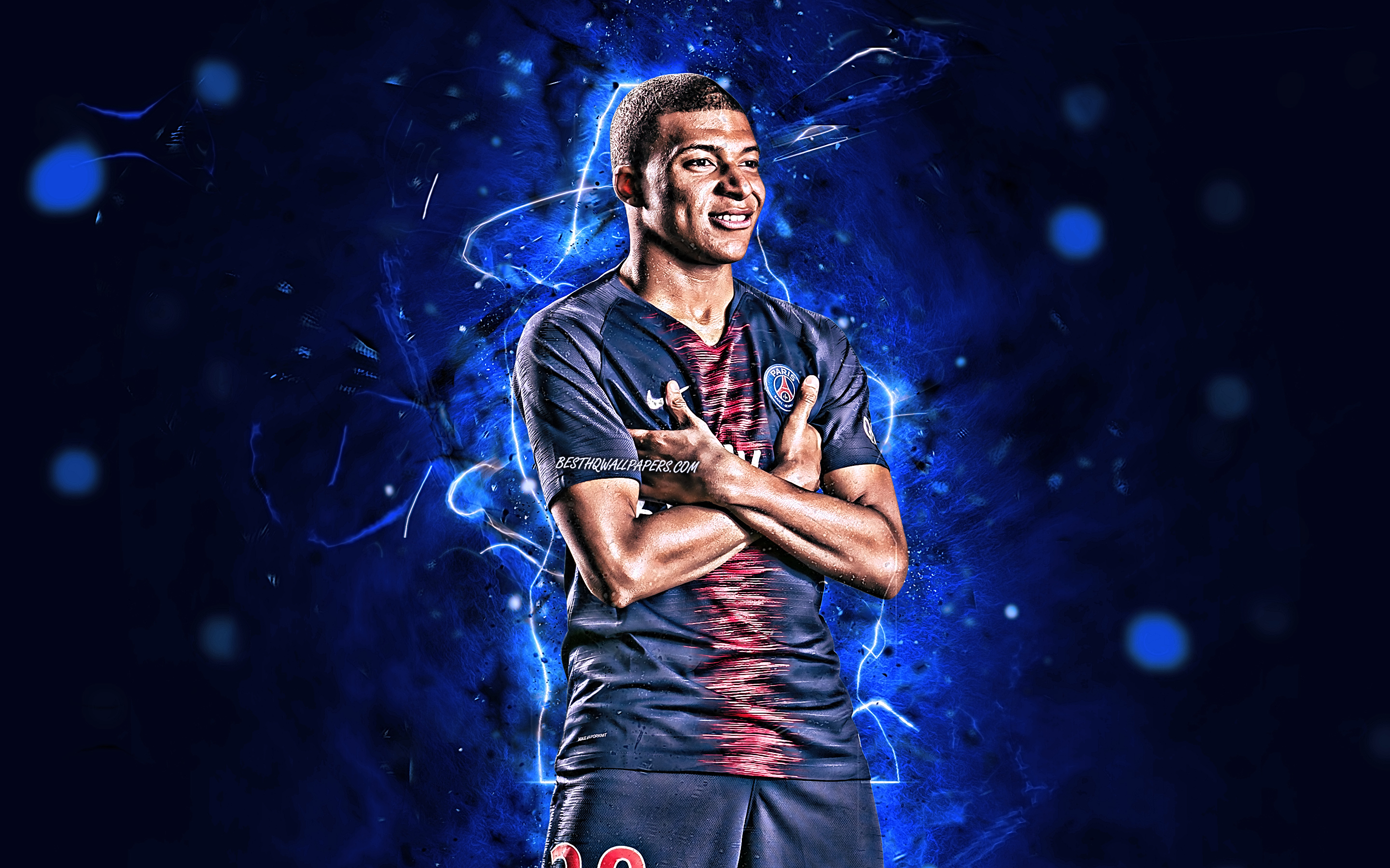 Download Wallpaper Kylian Mbappe, Goal, French Footballers, PSG, Personal Celebration, Ligue Paris Saint Germain, Mbappe, Football Stars, Neon Lights, Soccer For Desktop With Resolution 2880x1800. High Quality HD Picture Wallpaper