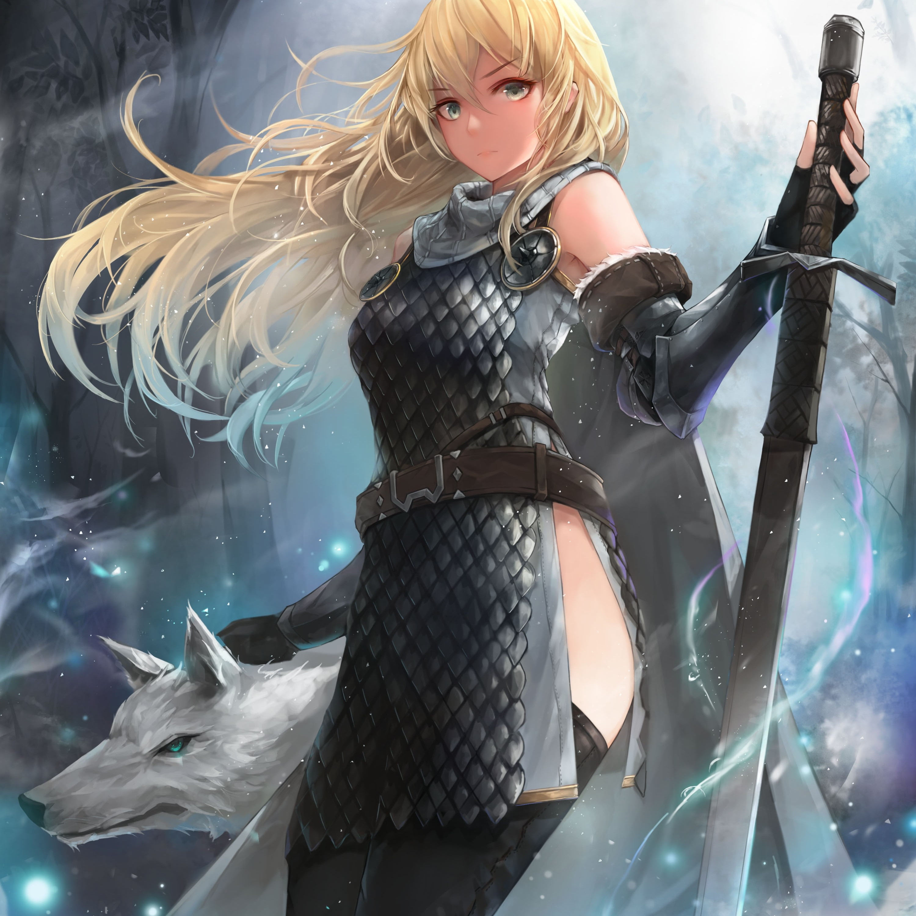 Download 3000x3000 Fantasy Anime Girl, White Wolf, Blonde, Sword, Cape, Long Hair Wallpaper