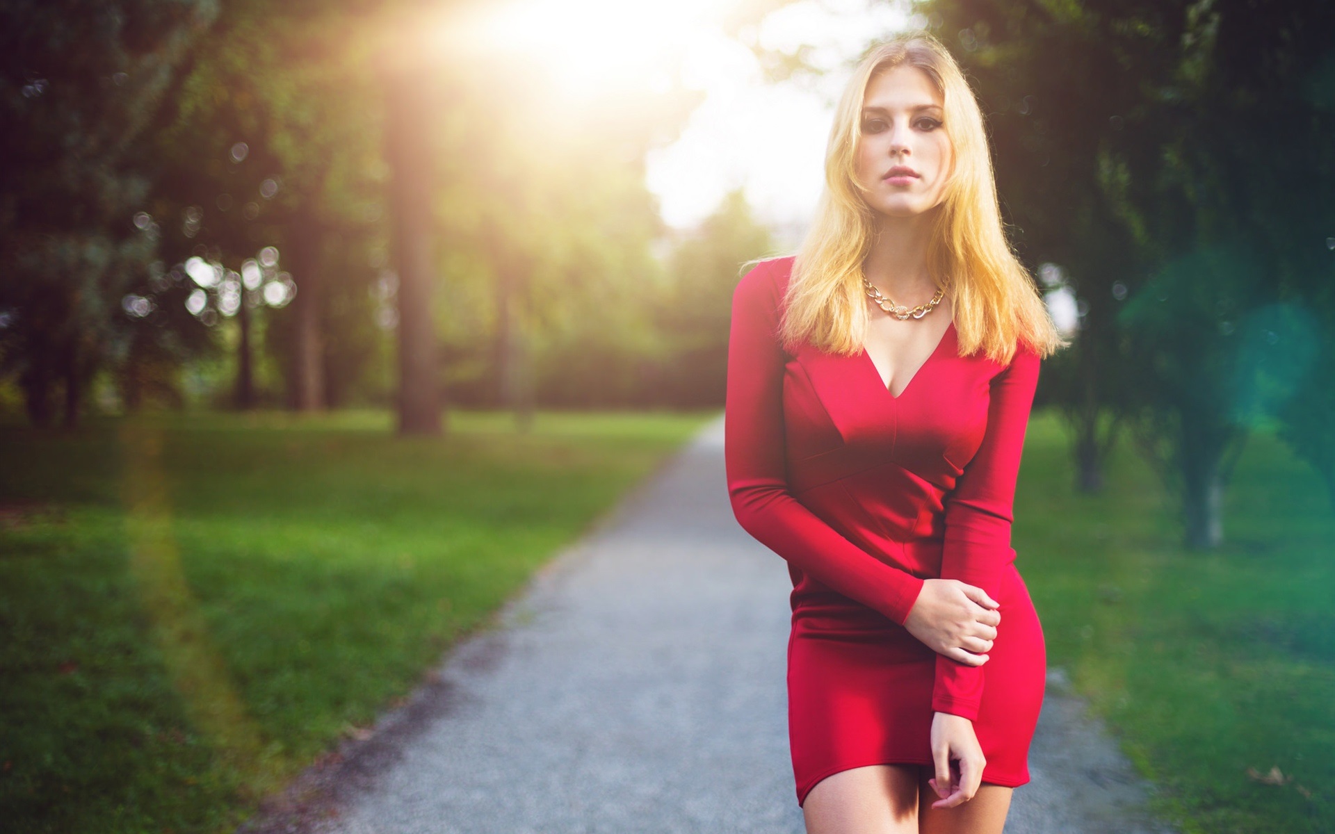 Wallpaper Blonde girl, red dress, pretty 1920x1200 HD Picture, Image