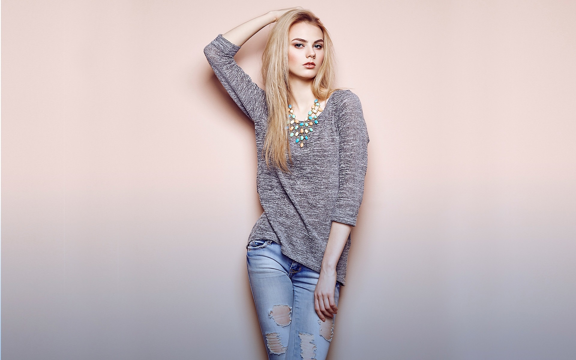 Wallpaper Blonde girl, fashion, gray dress 1920x1200 HD Picture, Image