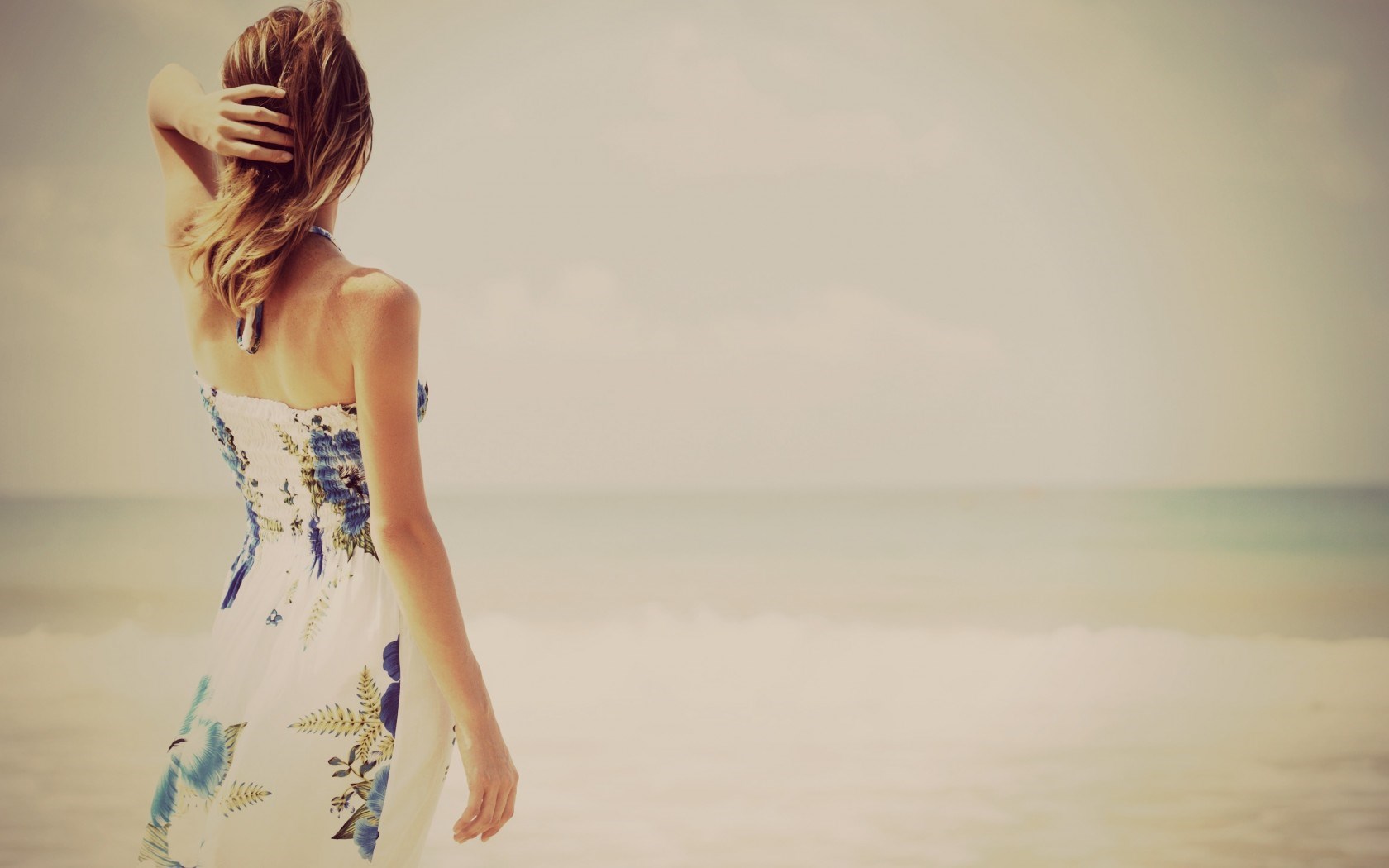 Blonde Girl Dress Sea Waves Beach