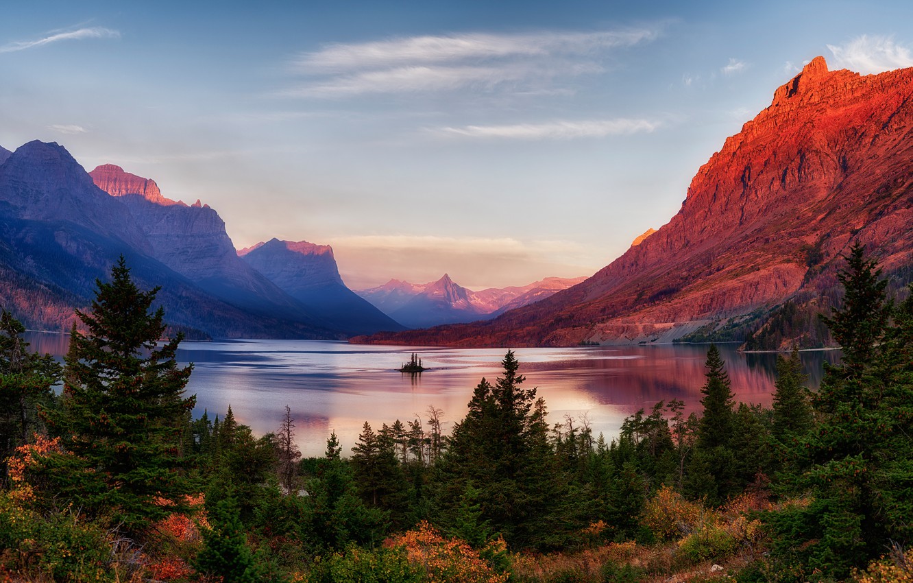 Wallpaper autumn, the sky, trees, sunset, mountains, lake, rocks, USA, Glacier National Park image for desktop, section пейзажи