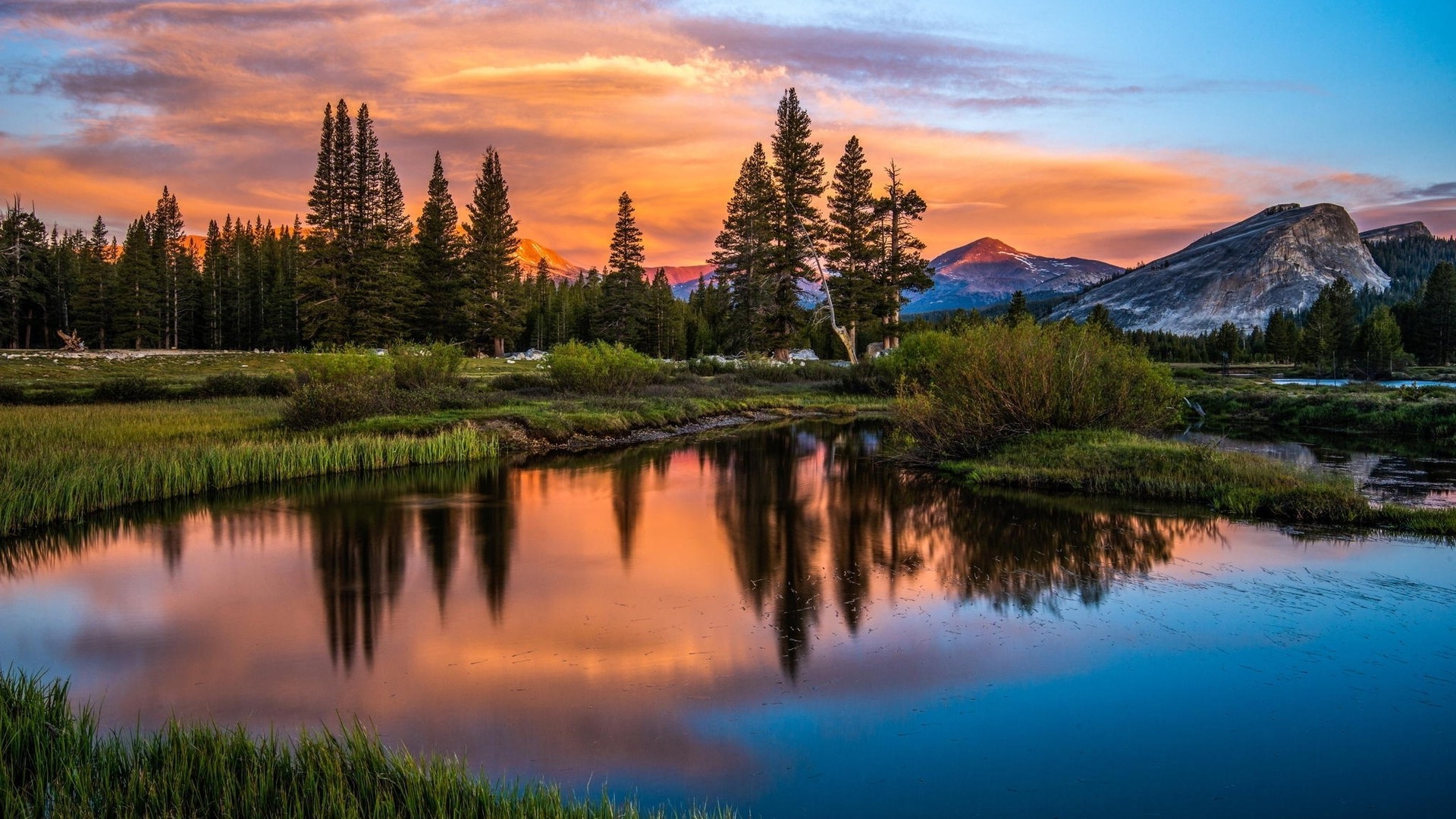 Wallpaper, trees, landscape, mountains, sunset, lake, nature, reflection, sunrise, evening, morning, wilderness, dusk, cloud, autumn, dawn, meadow, 1920x1080 px, loch, computer wallpaper, mountain range 1920x1080 Wallpaper