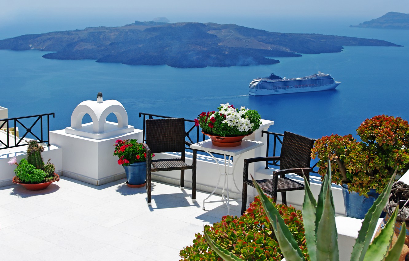 Wallpaper summer, the sky, clouds, landscape, nature, boats, Santorini, Greece image for desktop, section природа