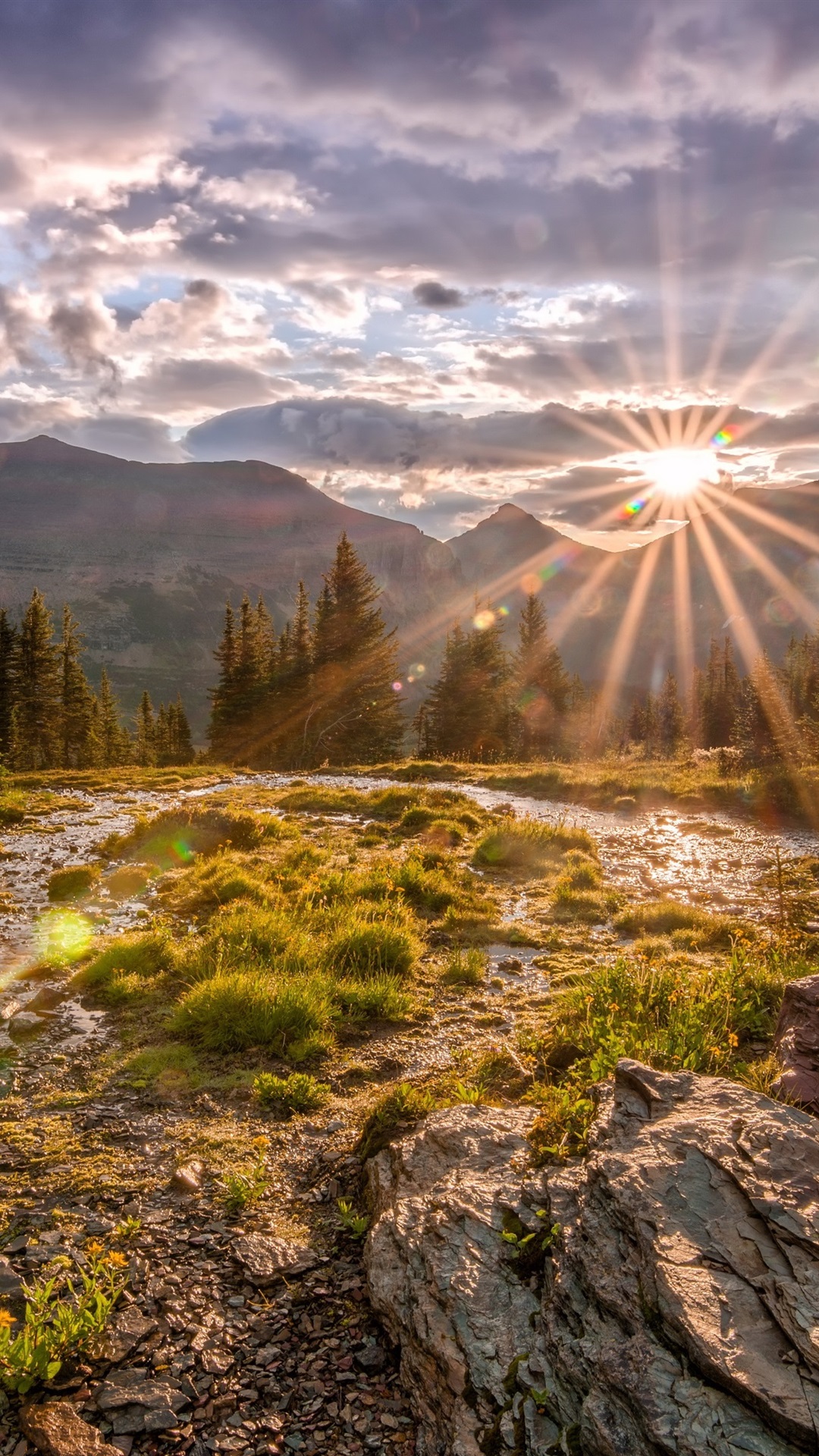 Glacier National Park, Mountains, Trees, Stones, Sun Rays, Autumn, USA 1080x1920 IPhone 8 7 6 6S Plus Wallpaper, Background, Picture, Image
