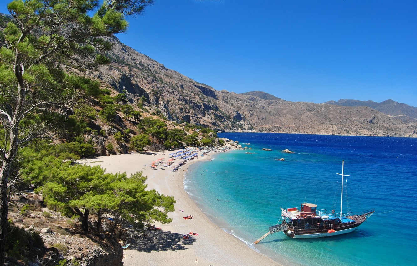 Wallpaper sea, beach, summer, yacht, Greece image for desktop, section пейзажи