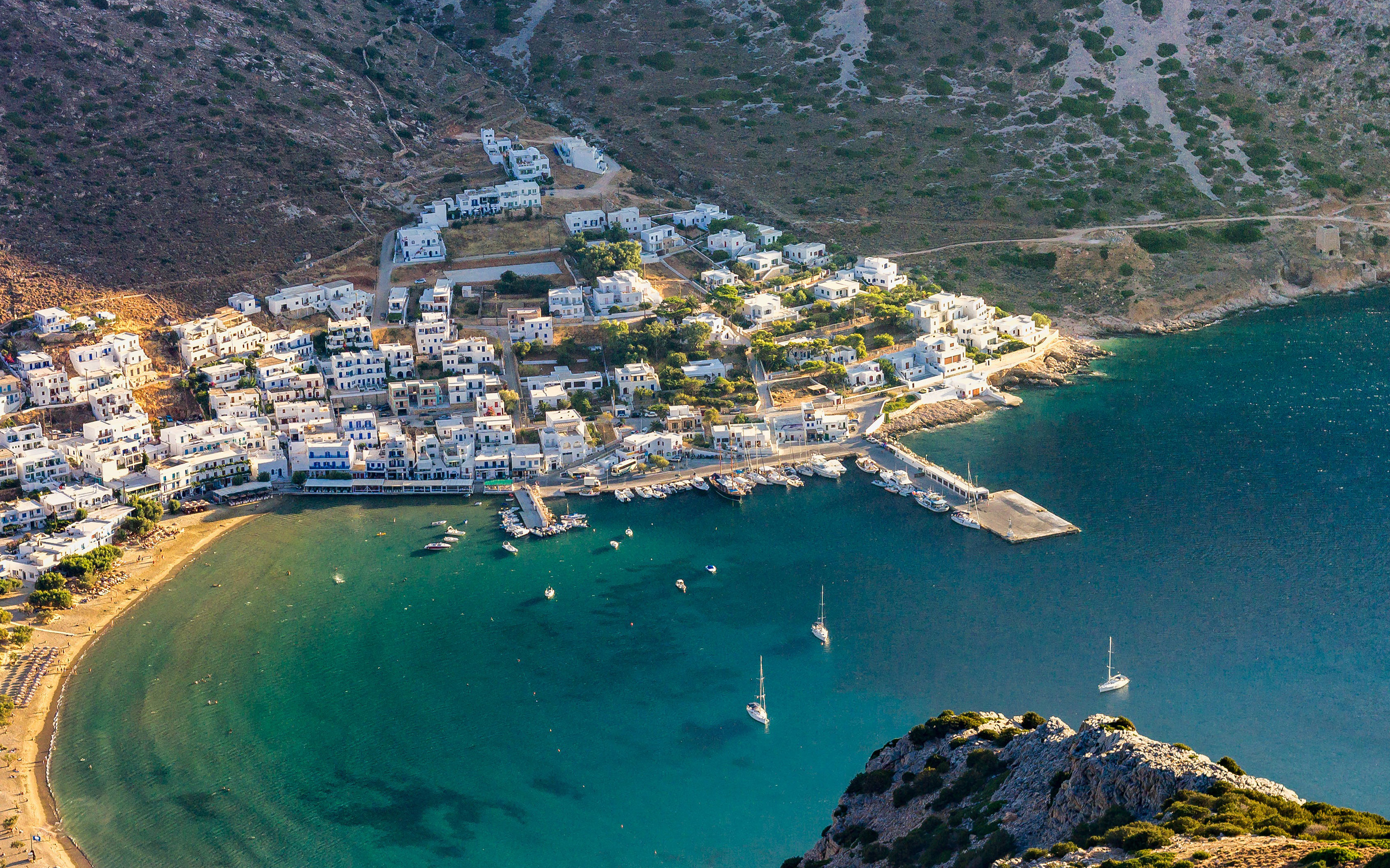 Greece Beach Town Sea Mountain Summer Vacation Wallpaper