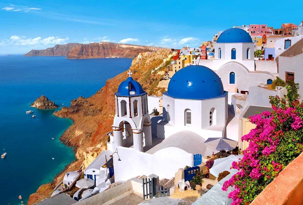 Houses Santorini Greece Town Slope Coast Island Sea Flowers Blue Sky Water Nice Summer Nature Beautiful Houses Lovely Clouds Pretty View Shore Hd Wallpaper