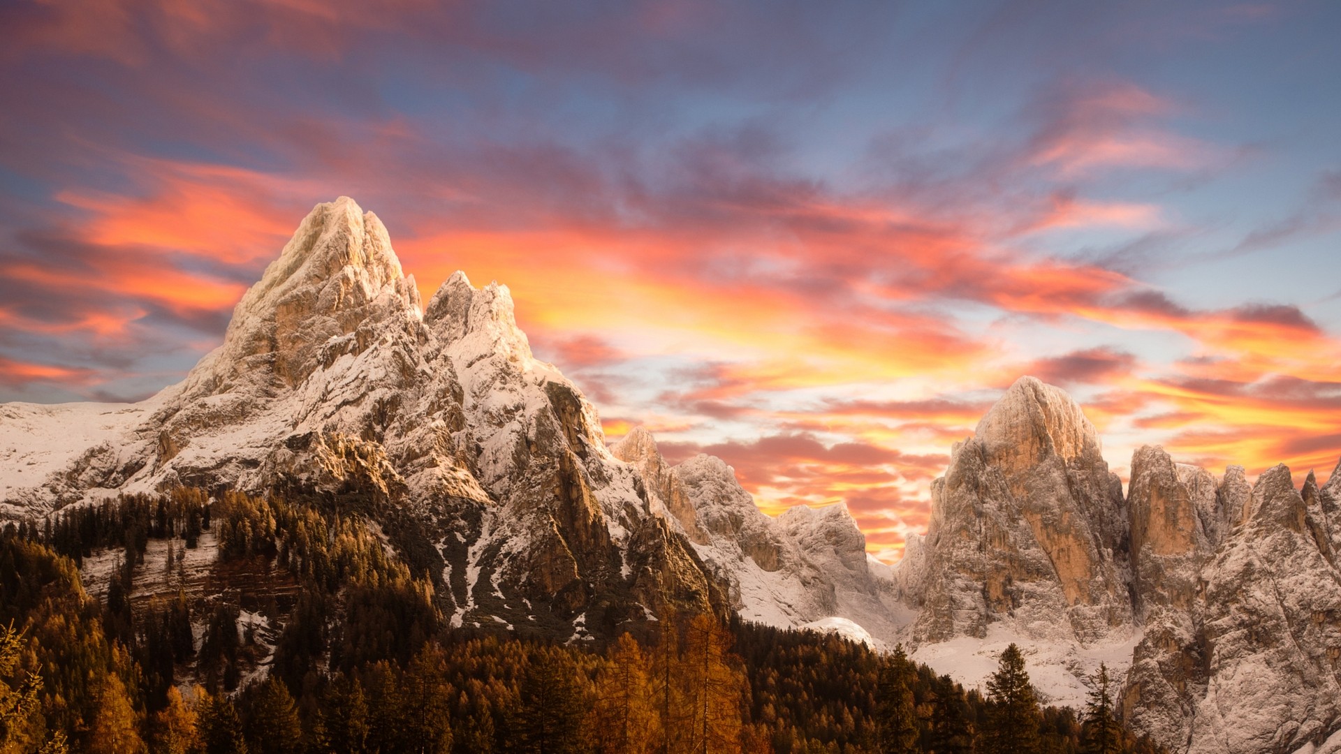 Wallpaper, landscape, forest, fall, sunset, Italy, nature, sky, sunrise, snowy peak, evening, morning, panorama, Dolomites mountains, wilderness, dusk, plateau, cloud, autumn, dawn, computer wallpaper, mountainous landforms, landform, geographical