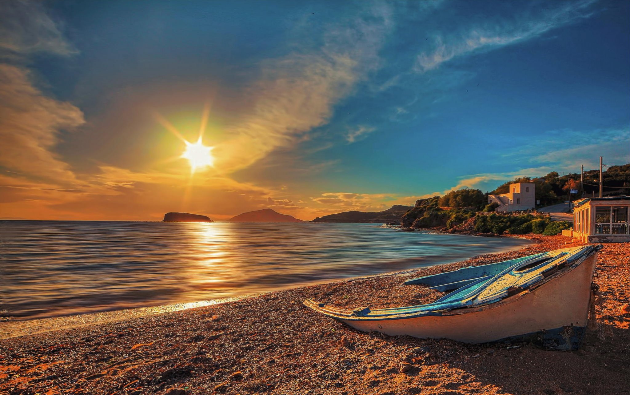 house, beautiful, sunset, sky, clouds, beach, boat, greece, sand, summer