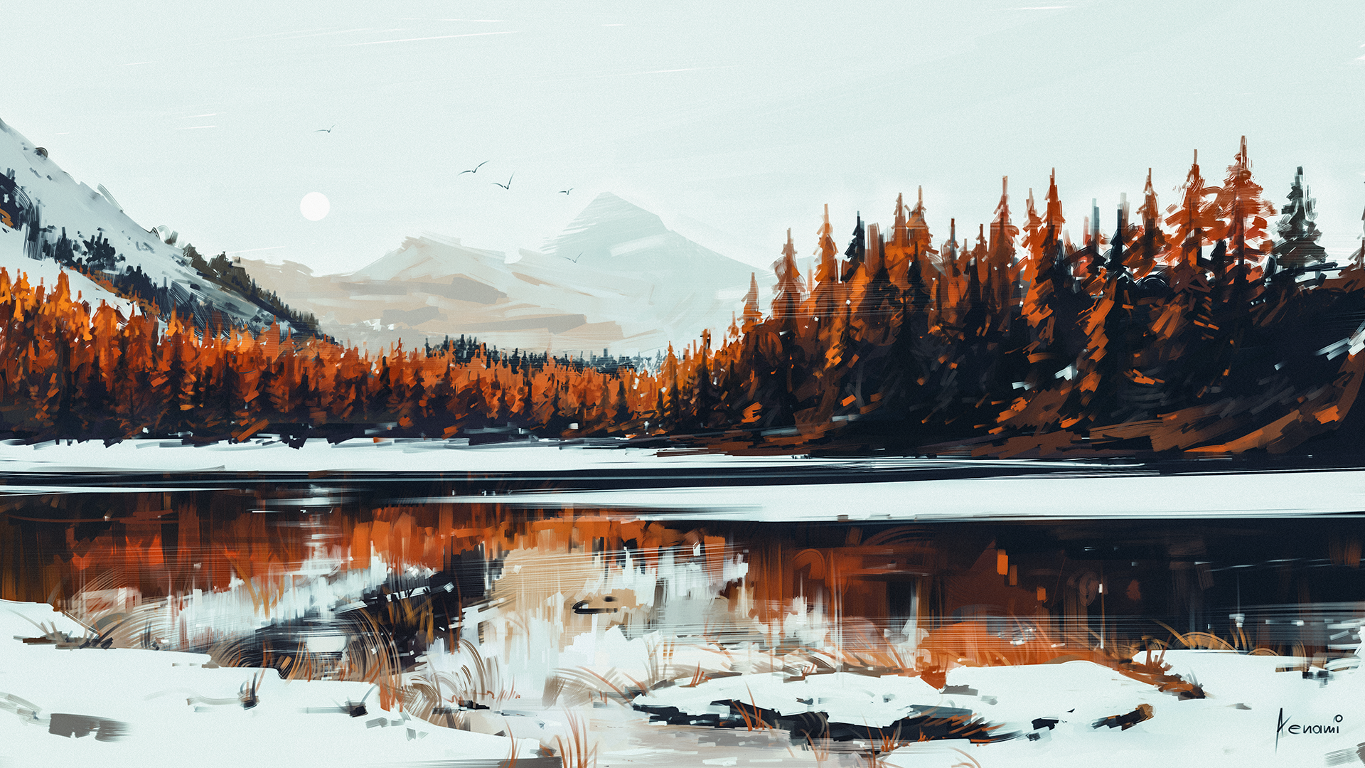 Wallpaper, landscape, forest, digital art, lake, reflection, snow, winter, ice, evening, morning, 2D, panorama, Aenami, autumn, mountain, weather, season 1920x1080