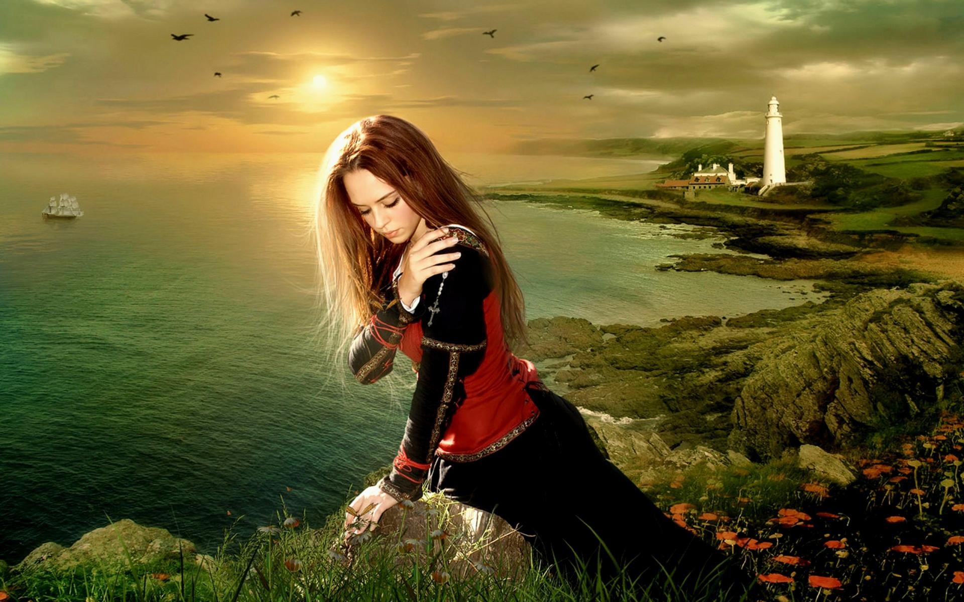 Wallpaper, sunlight, women, model, fantasy art, sea, nature, brunette, morning, lighthouse, Gothic, emotion, romance, autumn, flower, meadow, 1920x1200 px, computer wallpaper 1920x1200