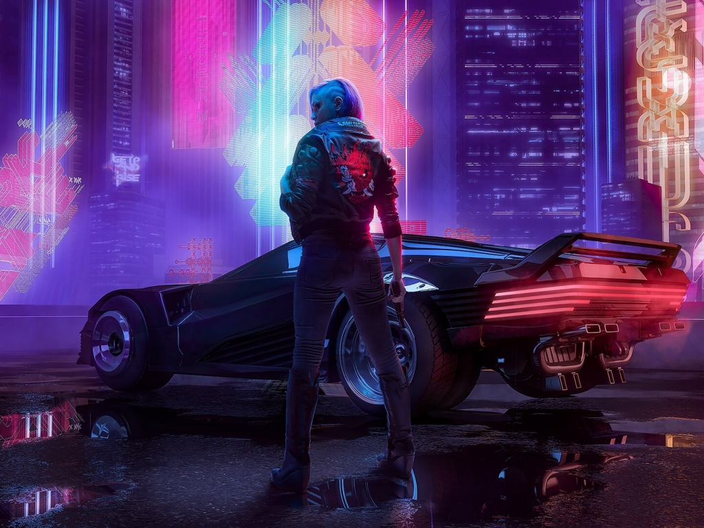 Desktop wallpaper cyberpunk 2077, a girl with car, art, HD image, picture, background, e70fea