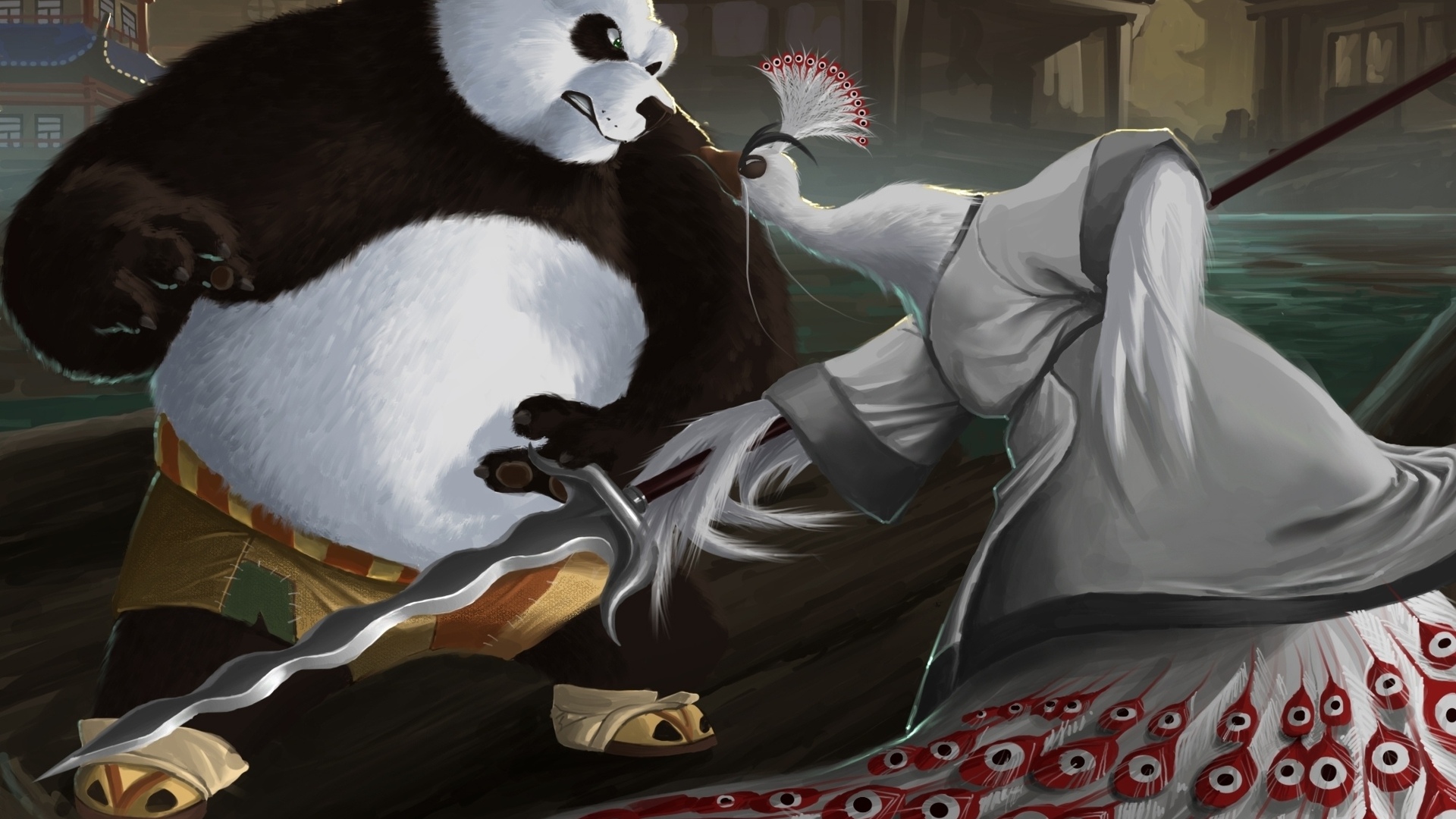 1920x1080 kung fu panda, art, bird, po, peacock, lord shen, karuma9, panda, asia
