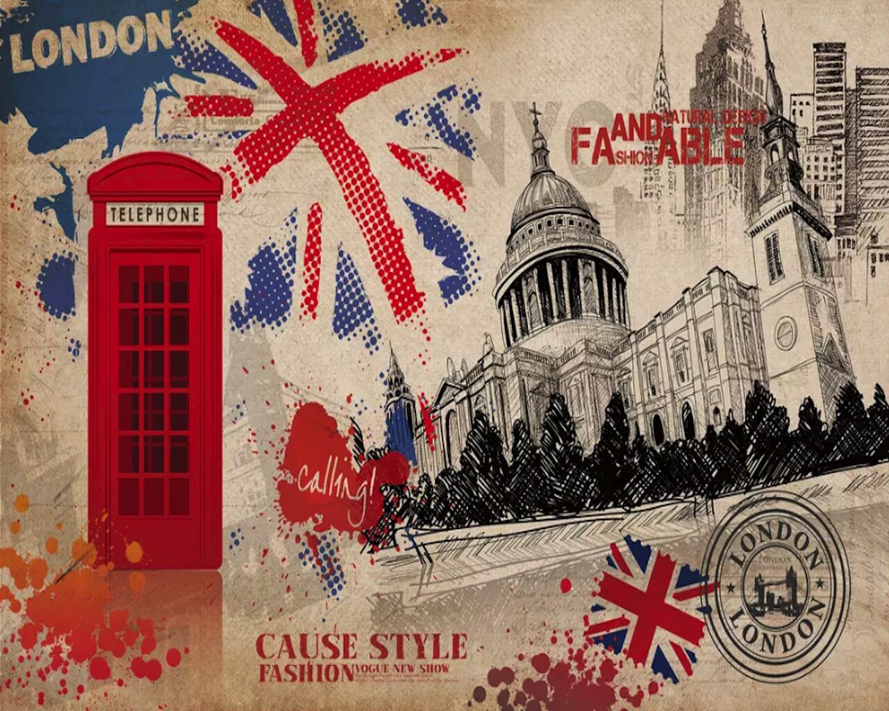 GK Wall Design London Landscape, English Flag And Phone Booth Textile Wallpaper