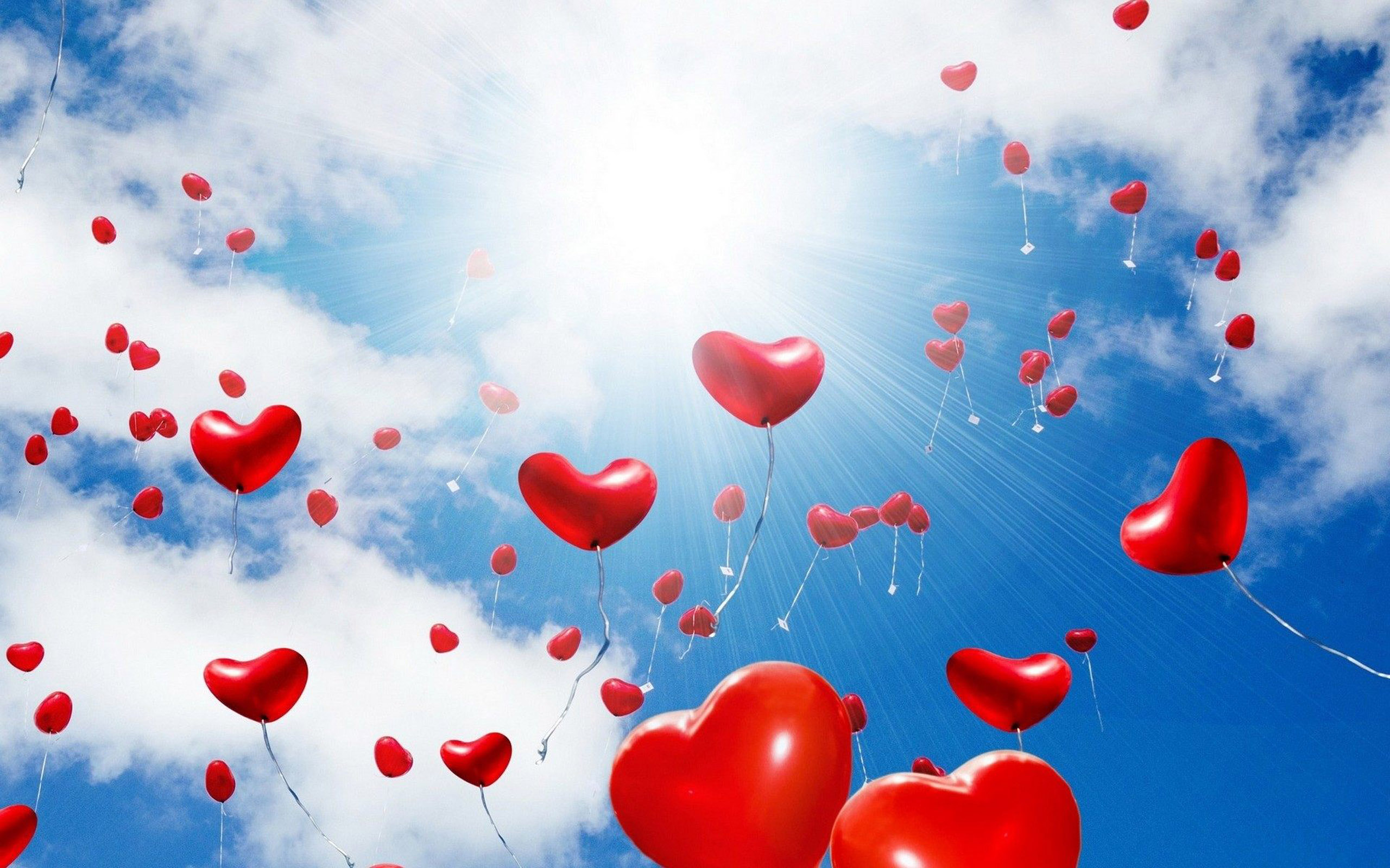 Red Balloons In The Shape Of A Heart Sunlight, Blue Sky And White Clouds Desktop Wallpaper HD Resolution, Wallpaper13.com