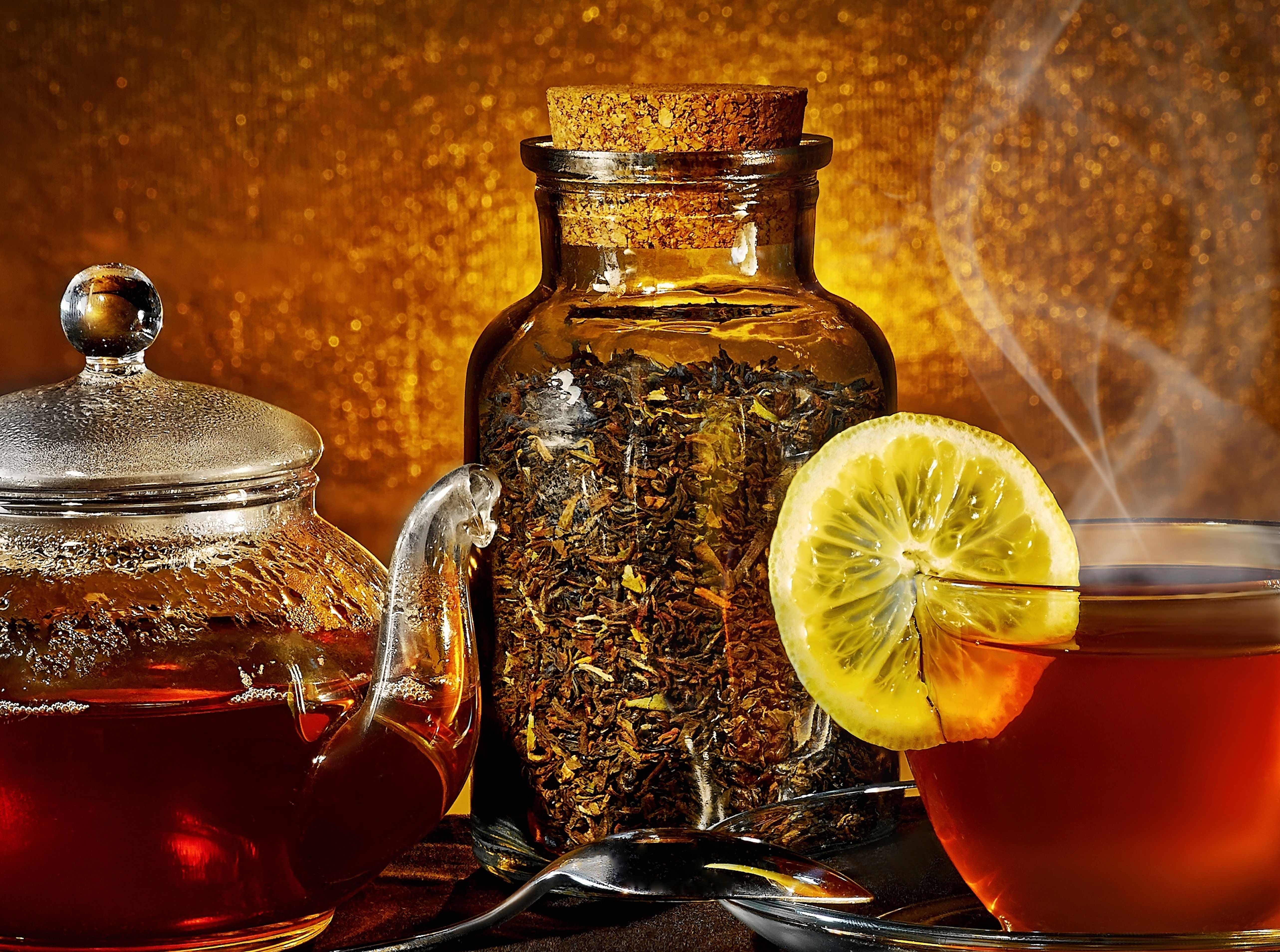 Wallpaper, tea kettle, steam, cup, lemon, tea leaves, jar, spoon 5129x3817