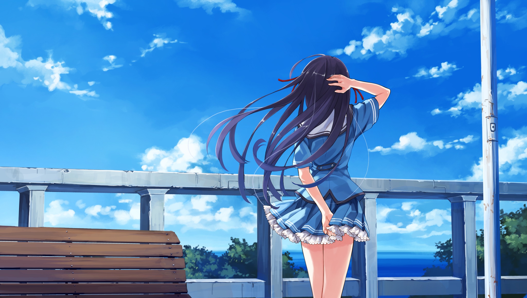 blue clouds bench anime blue sky misaki kurehito anime girls koga sayoko 2048x1160 wallpaper
