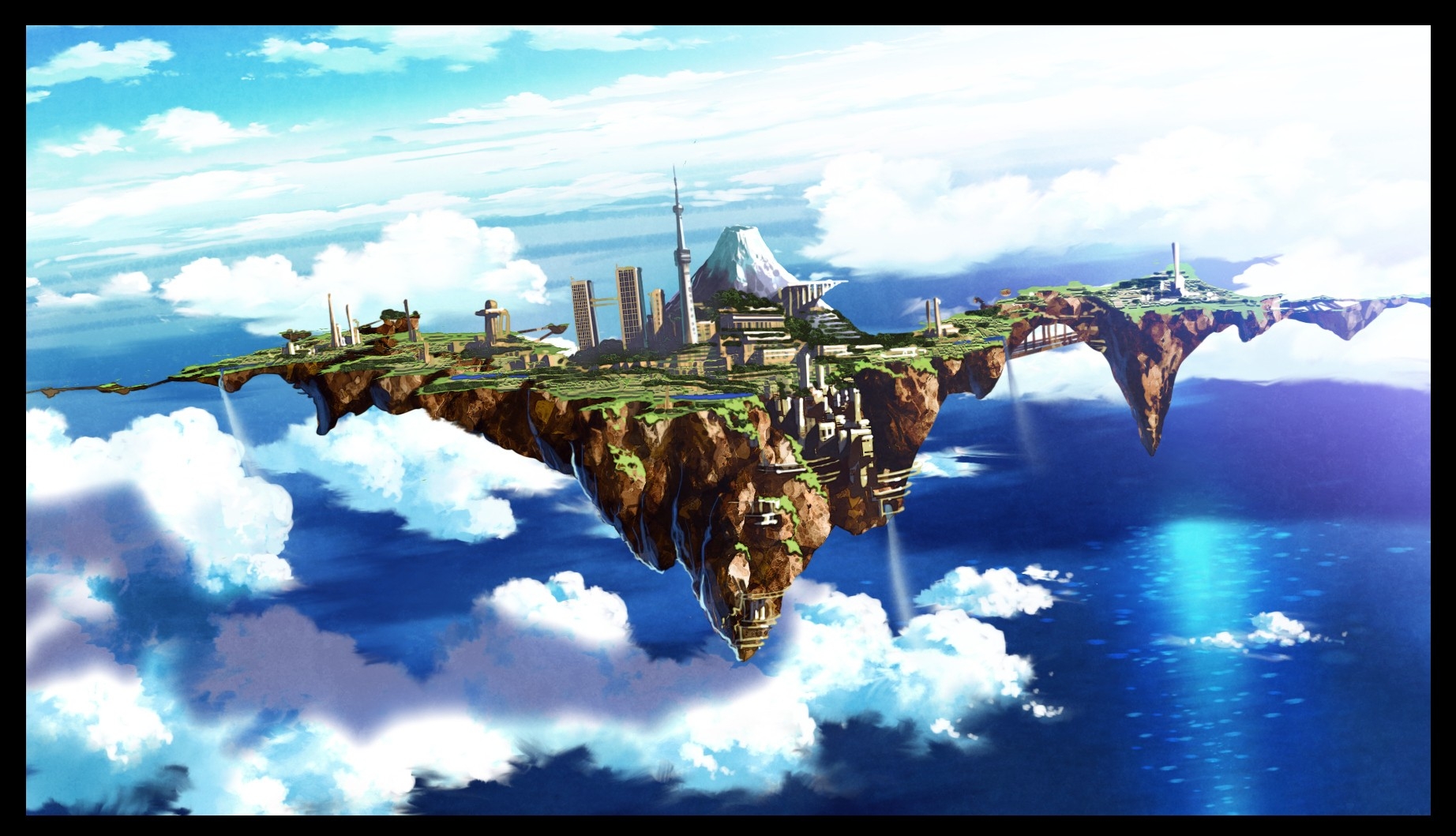 ocean clouds fantasy art anime city in the sky cities blue skies sea