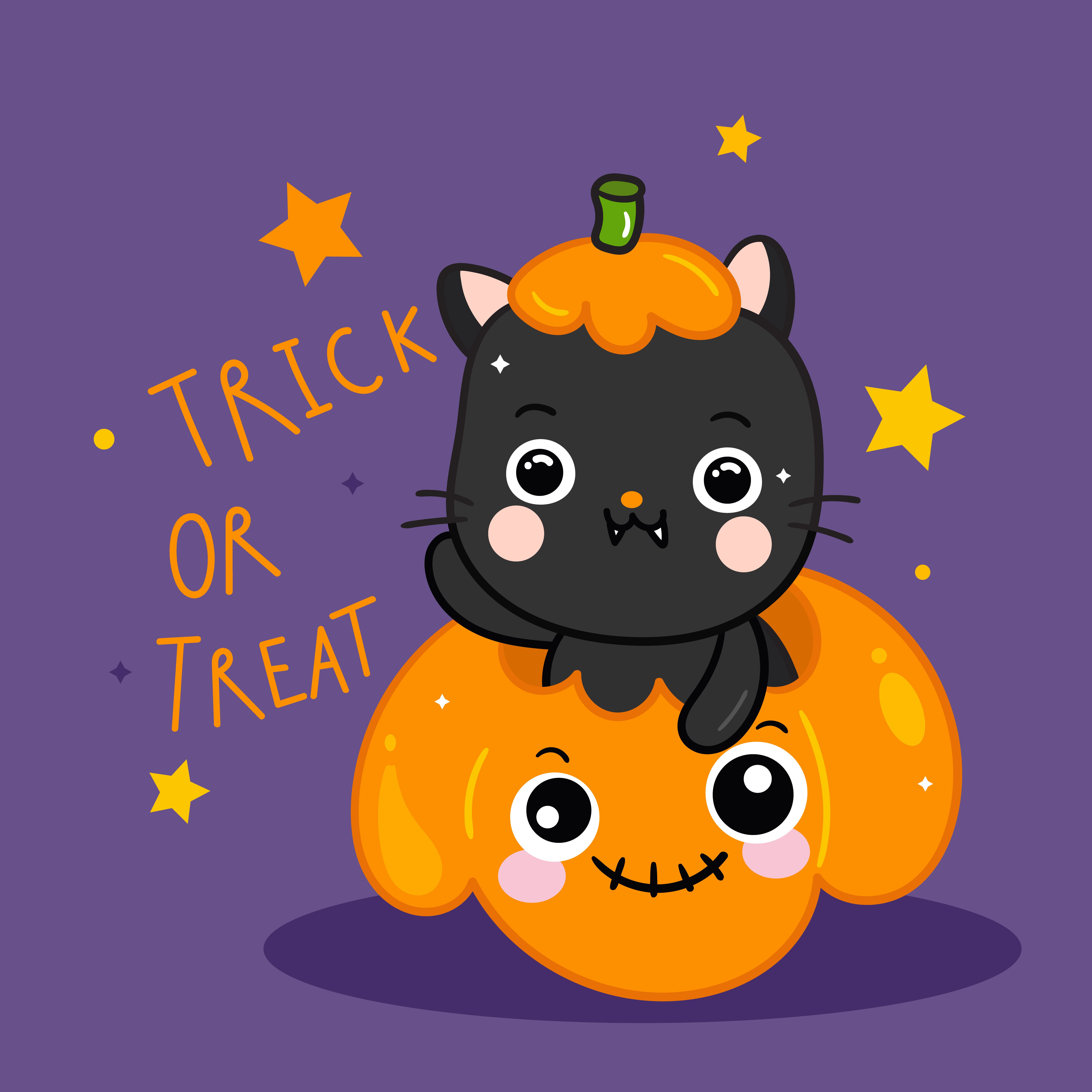 Cute Halloween cat cartoon with pumpkin icon, lovely kitty Trick or treat for holiday Kawaii animal. Halloween cat, Mermaid wallpaper iphone, Cat vector