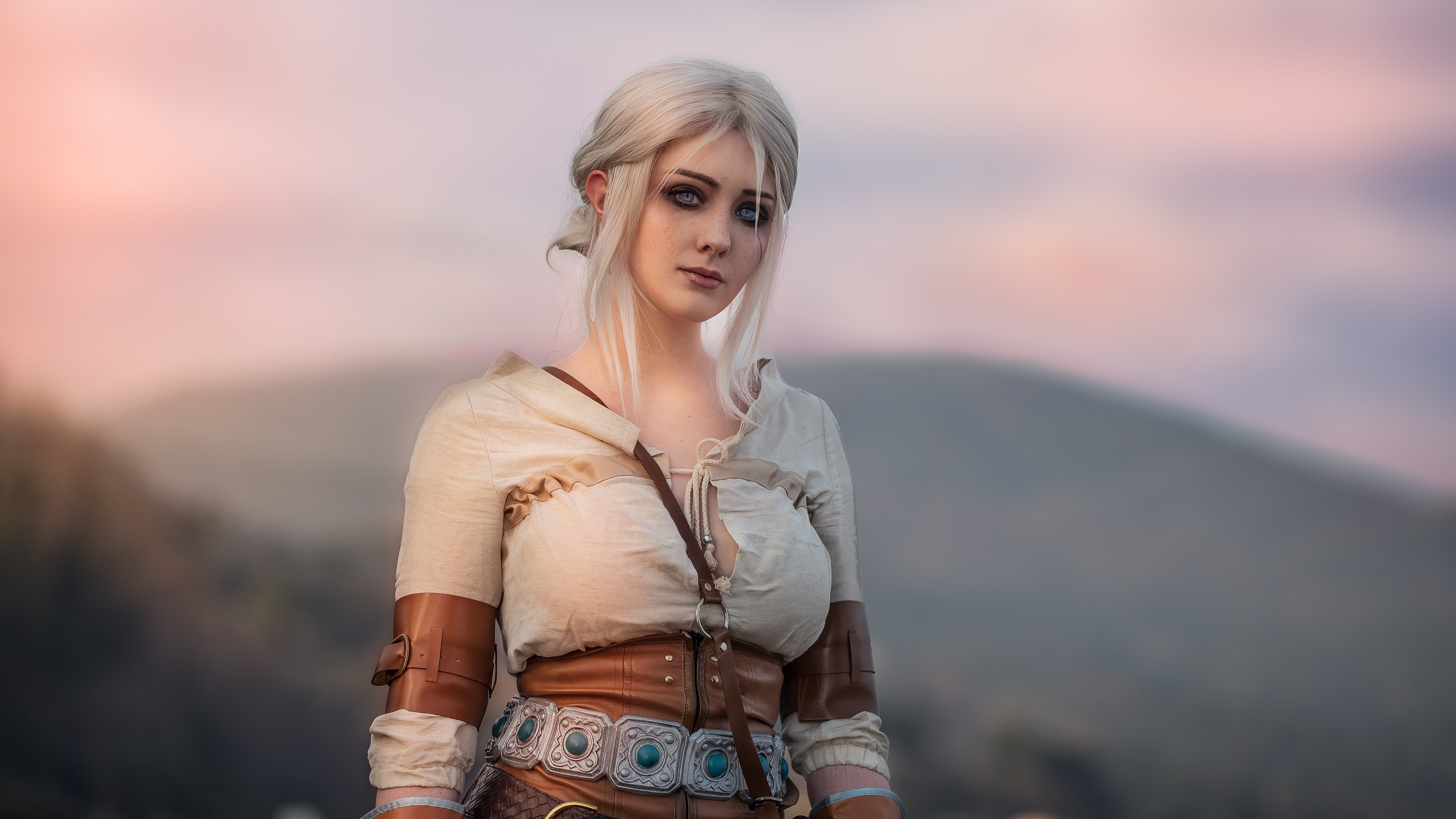 Wallpaper, Blue Snow, model, looking at viewer, portrait, depth of field, cosplay, Ciri, The Witcher, video game girls, video games, medieval, Cirilla Fiona Elen Riannon, white hair, shirt, corset, fantasy girl