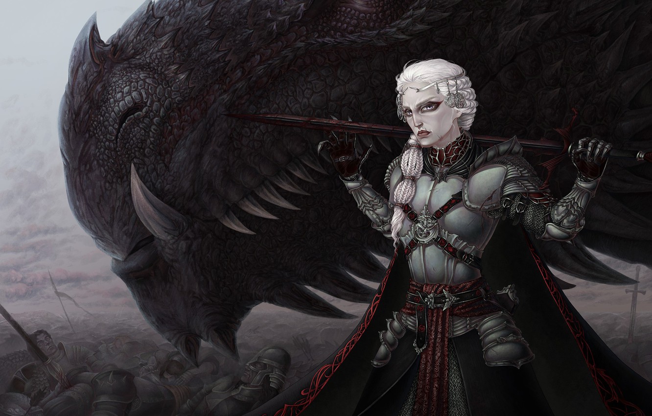 Wallpaper wallpaper, battlefield, girl, sword, blood, armor, woman, war, ken, blade, dragon, flag, death, fang, A Song of Ice and Fire, Game of Thrones image for desktop, section фантастика