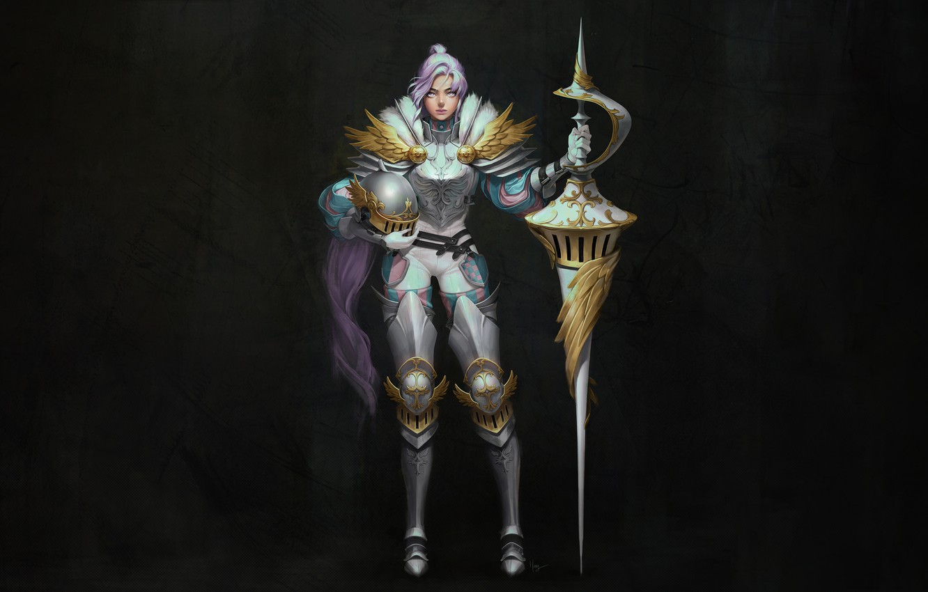 Wallpaper Girl, Fantasy, Art, Style, Warrior, Minimalism, Pearls, Armor, Harang, Knight spears, Medieval Helmet image for desktop, section фантастика