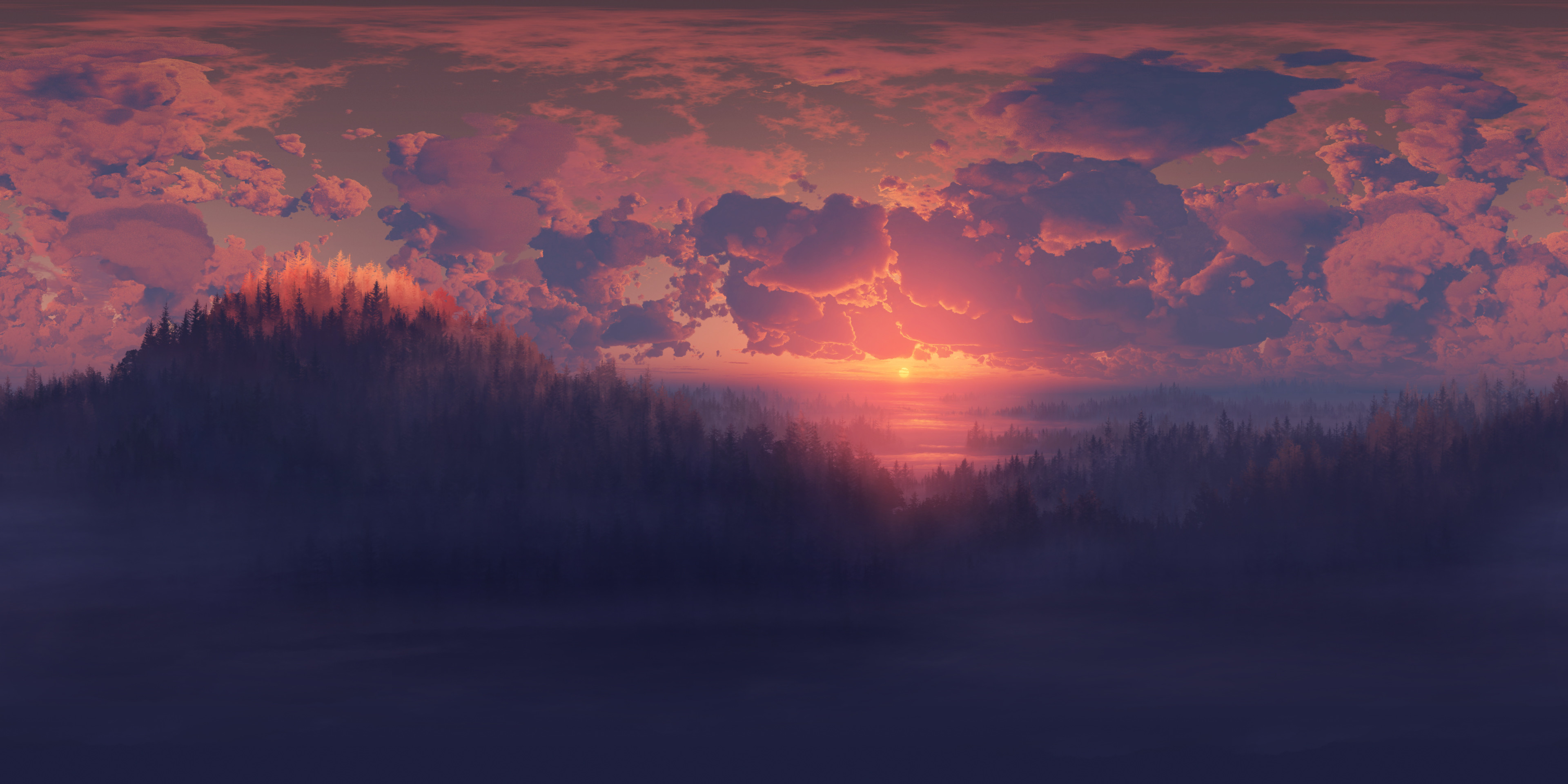 Wallpaper, artwork, digital art, sunset, clouds, landscape, dark, sky, nature, sunlight 3840x1920