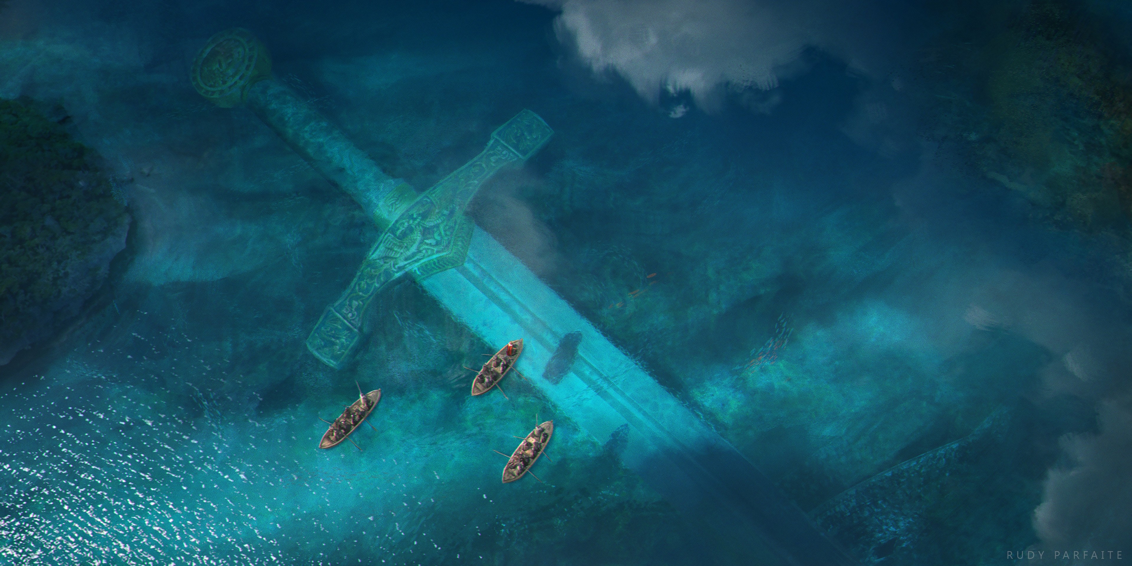 Wallpaper, Excalibur, digital art, water, canoes 3840x1920