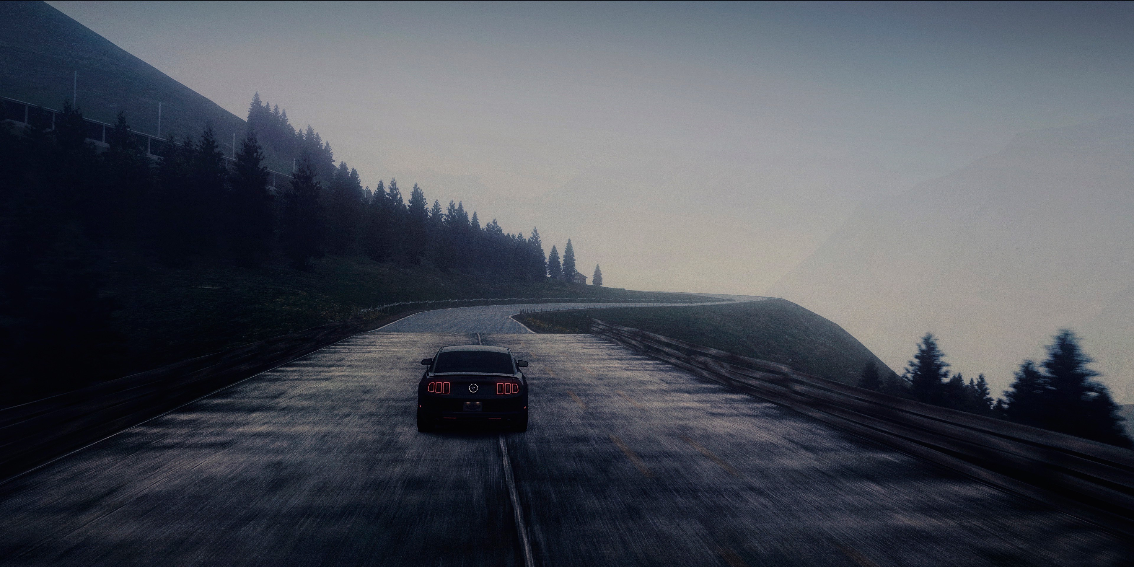 Wallpaper, landscape, car, snow, vehicle, sunrise, morning, mist, highway, dusk, driving, light, Terrain, fog, mountain, weather, dawn, darkness, screenshot, atmospheric phenomenon, computer wallpaper, atmosphere of earth, road trip, 3840x1920 px