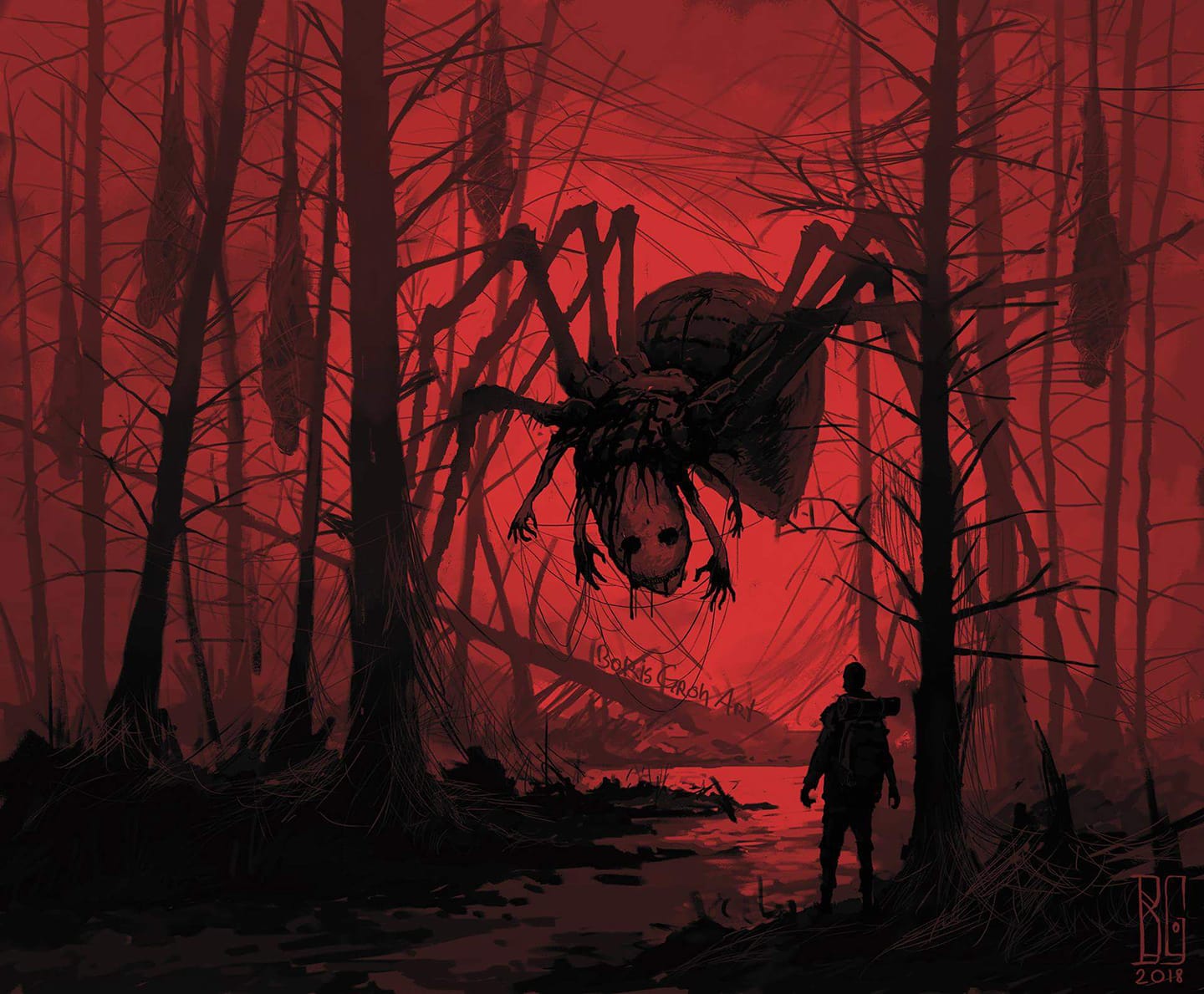 Wallpaper, creepy, spider, horror, forest, dark, Boris Groh 1440x1189