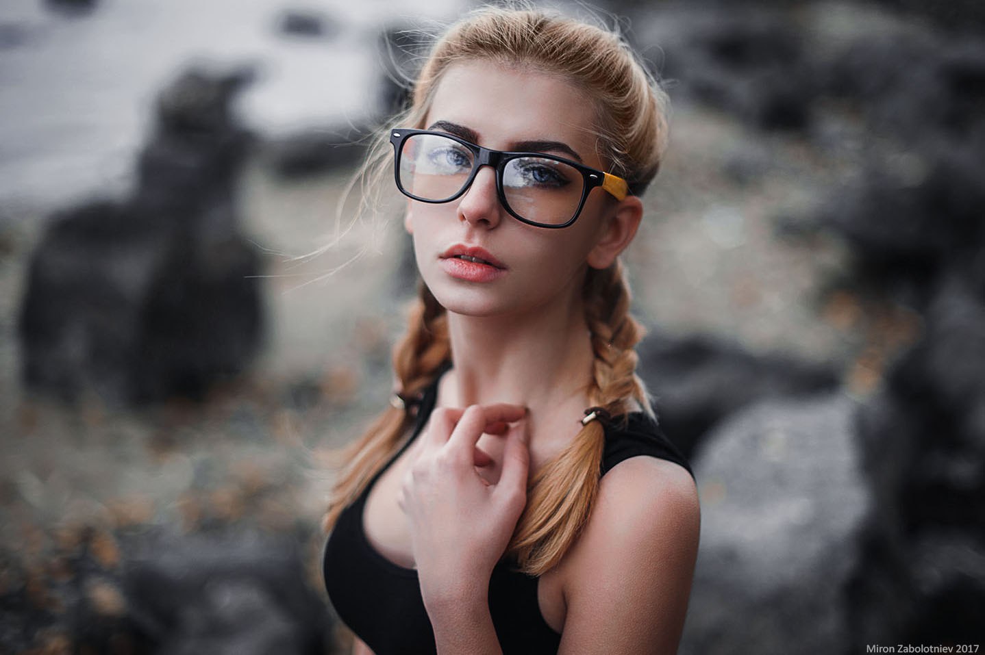 Wallpaper, blonde, pigtails, portrait, depth of field, women with glasses, blue eyes 1438x957