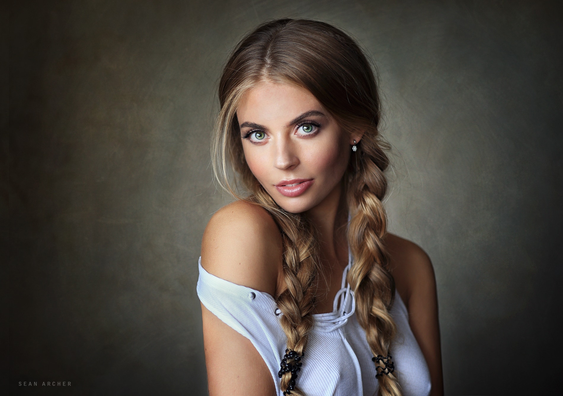 #portrait, #simple background, #women, #pigtails, #blonde, #Sean Archer, wallpaper. Mocah HD Wallpaper