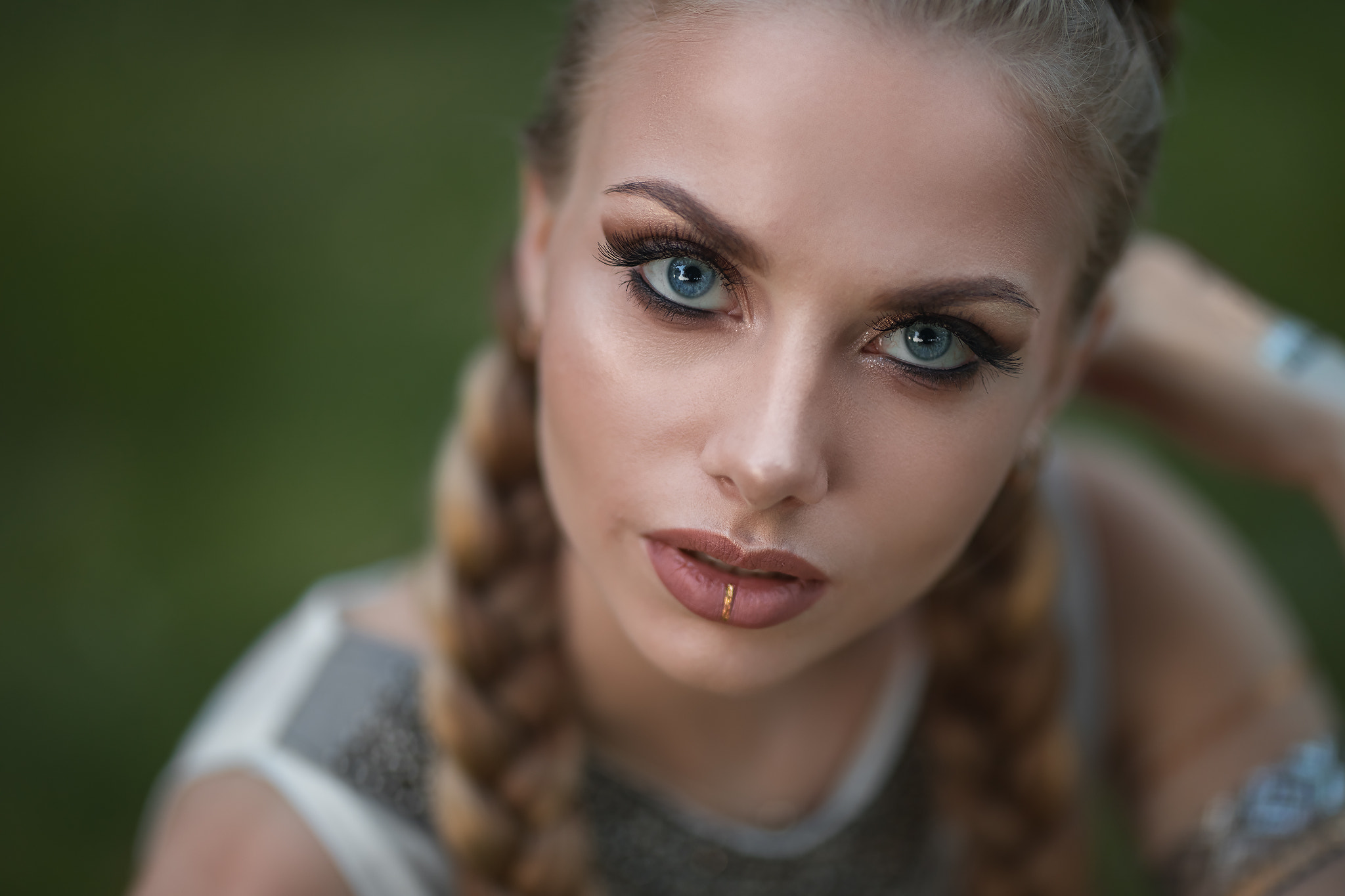 Wallpaper, women, Dmitry Sn, blonde, blue eyes, pigtails, face, portrait 2048x1365
