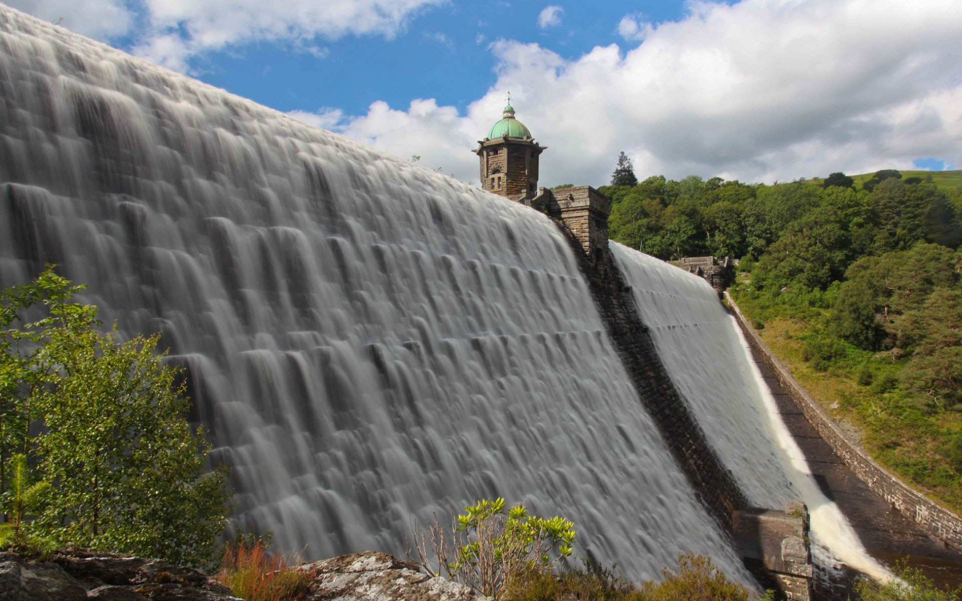 Wallpaper, trees, landscape, forest, waterfall, architecture, nature, sky, stones, bricks, long exposure, clouds, hills, tower, cliff, UK, dam, Wales, Craig Goch Dam, Terrain, body of water, water feature 1920x1200